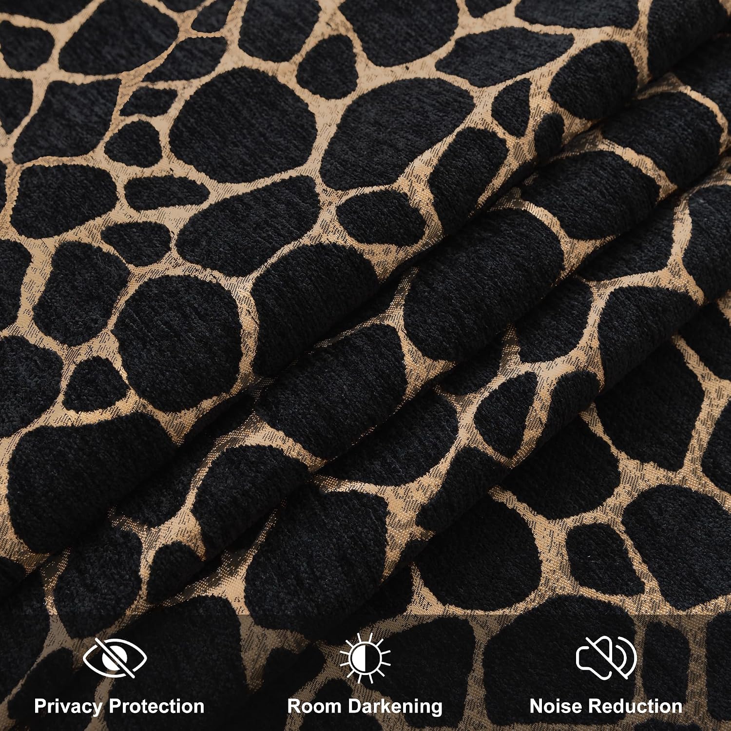 Luxury Giraffe Print Curtains for Living Room, Chic Wild Animal Chenille Jacquard Blackout Window Curtains with Tiebacks, Grommet Lined Black Gold Curtain for Bedroom(2 Panels, 52”x 84”)