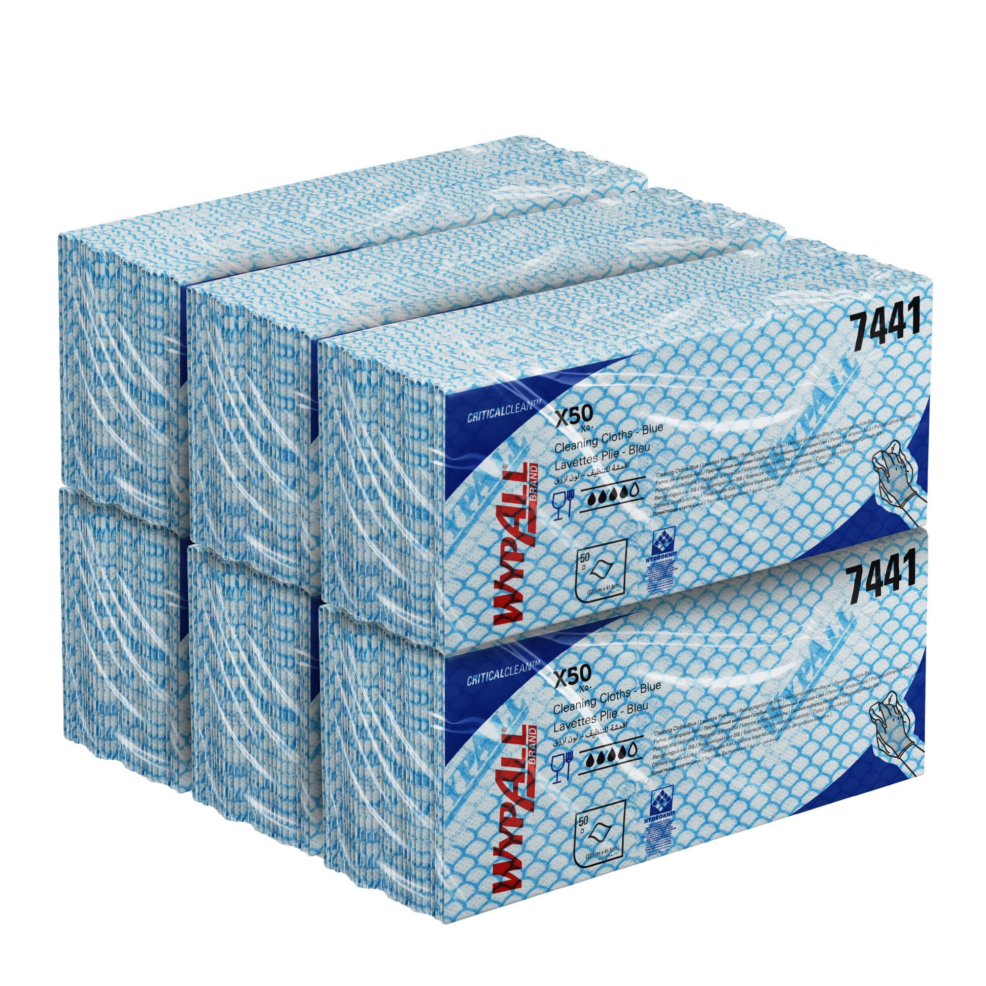 Paños de limpieza con código de color WypAll® X50 Critical Clean™ 7441 - Paños de limpieza azules - 6 paquetes x 50 paños con código de color (300 en total)