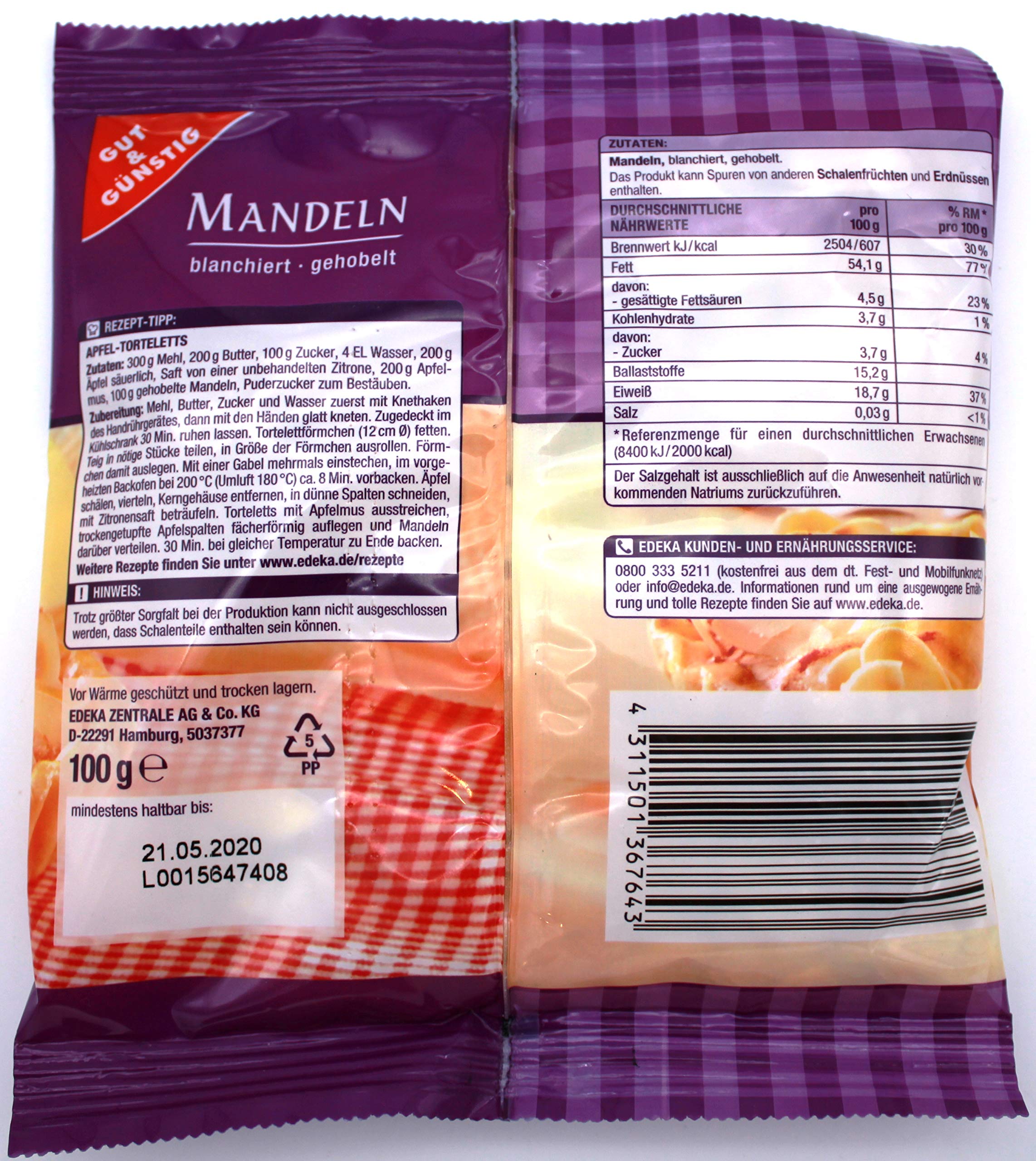 Gut & Günstig Mandeln gehobelt, 25er Pack (25 x 100g)