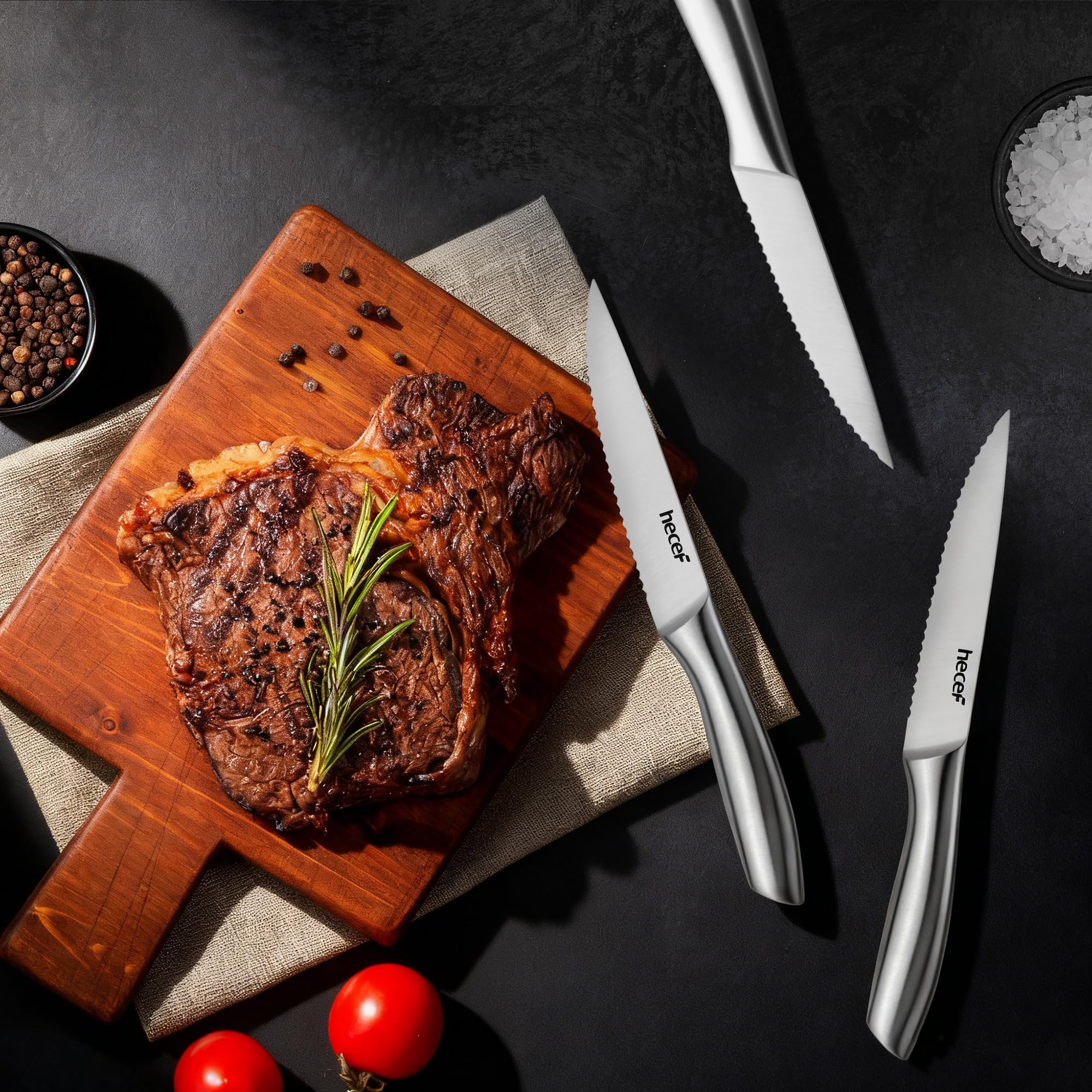 hecef coltelli da bistecca, set da 6 pezzi di coltelli da tavola affilati con lama seghettata e manico cavo ergonomico, coltello da carne in acciaio inox per bistecca e pane, 12,7 cm, argento