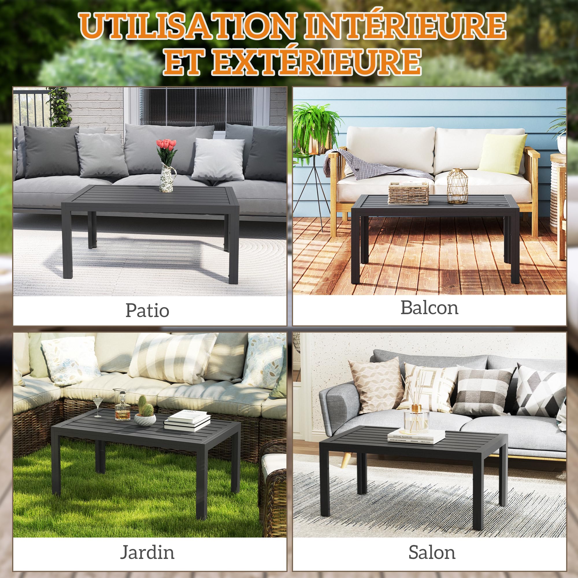 Outsunny Table Basse de Jardin Table d'appoint de Patio rectangulaire avec Cadre en Acier et Plateau à Lattes, pour extérieur, terrasse, Balcon, 101,5 x 61 x 46 cm, Gris