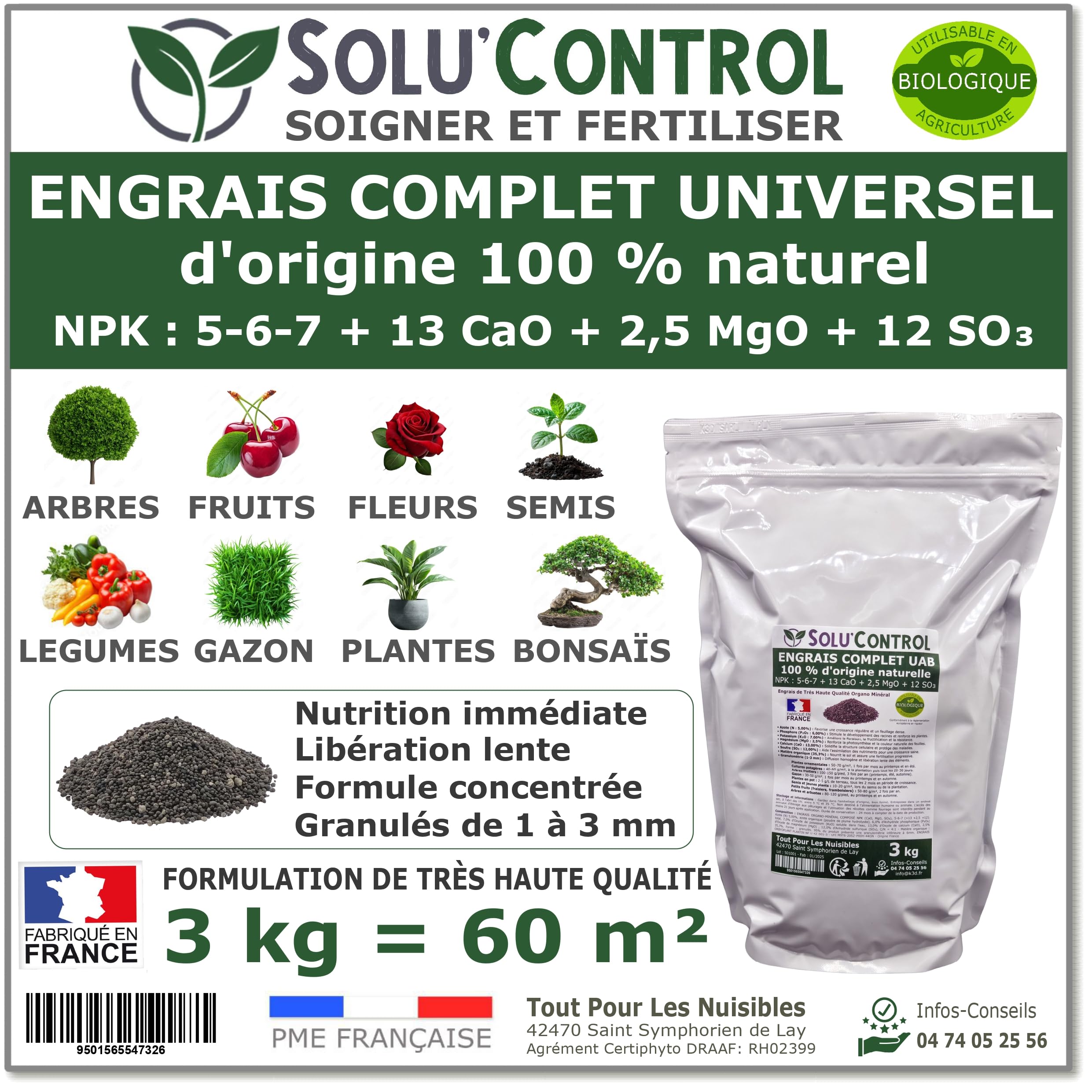 3 kg d'ENGRAIS COMPLET universel et équilibré - SoluControl - UAB - Utilisable en Agriculture BIOLOGIQUE