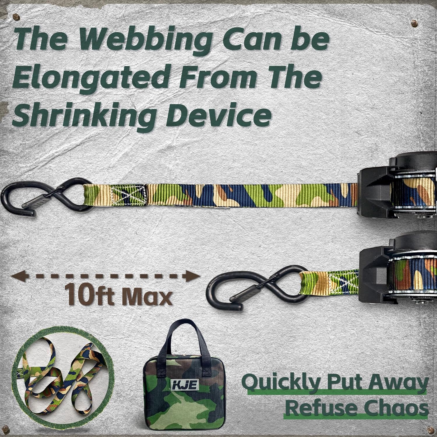 KJE Camo Retractable Ratchet Straps, (4) 1" x 10' Tie Down Strap + (4) Soft Loop -Heavy Duty 1,650lb Max Break Strength, S-Hook W/Clip, Self Retracting Ratchet Strap for Motorcycle, Kayak, ATVs, Boats
