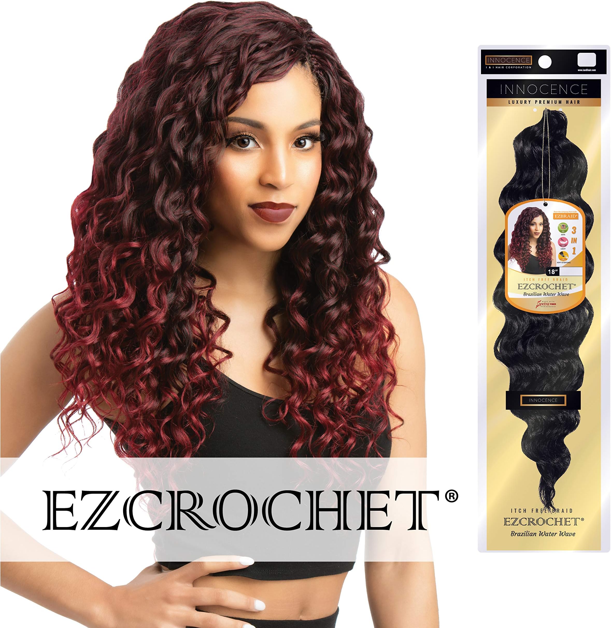 Innocence EZCROCHET (World's First Itch-Free Crochet Hair) Pre-Stretched & Pre-separated | Natural Texture Ombre Color Crochet Hair (18" Brazilian Water Wave, T1B/27)