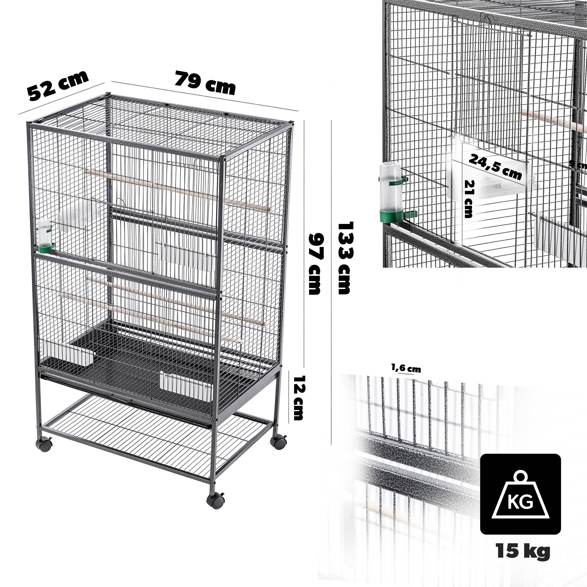 KADAX Pajarera de 79 x 52 x 133 cm, jaula para pájaros con ruedas, con perchas, comederos y dispensadores de agua, comedero de metal, jaula para periquitos, jaula para loros