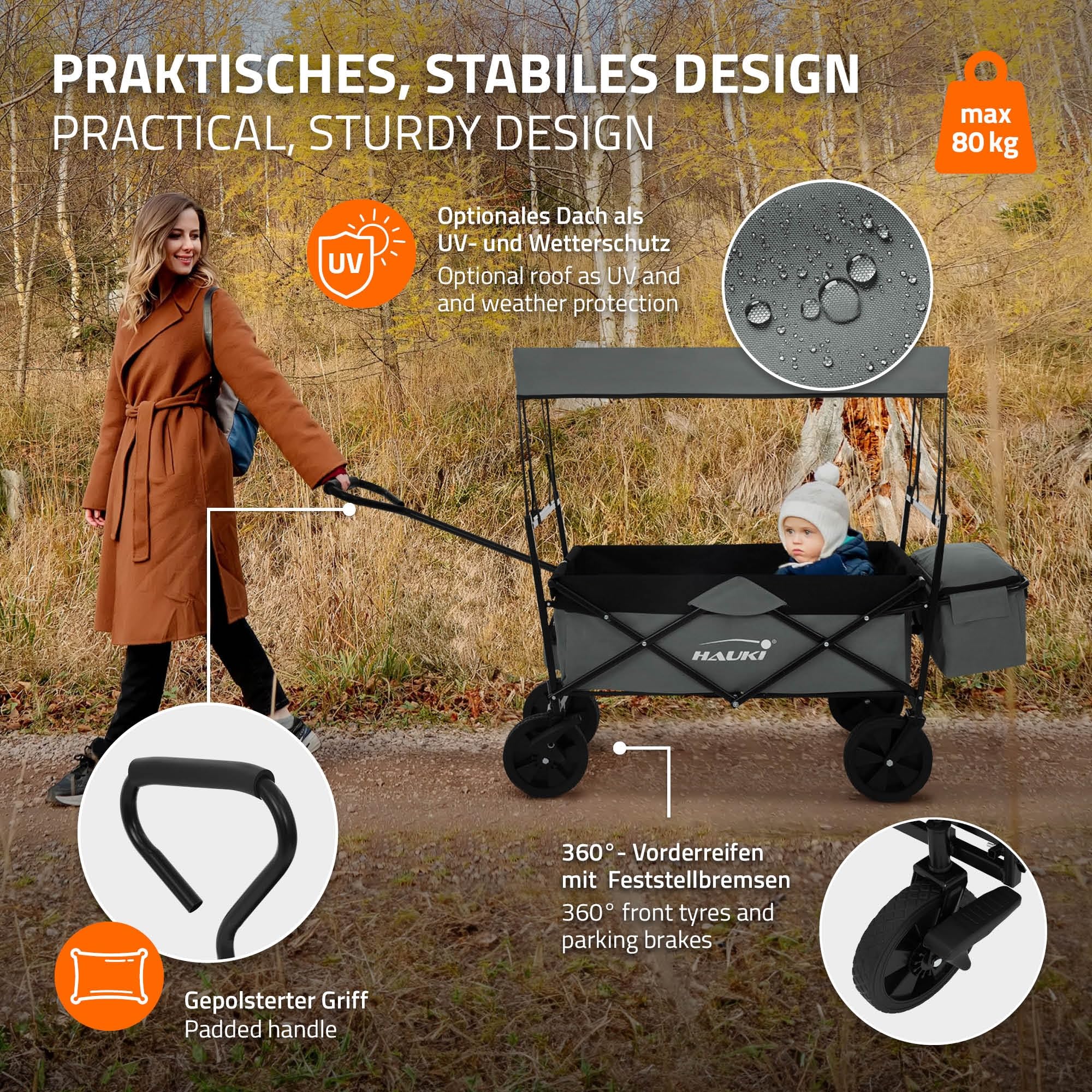 Hauki Carrello Pieghevole da Spiaggia per Bambini, Carretto a Mano per Trasporto Bimbi con Tettuccio e Borsa Posteriore, Carrello Portatutto con Parasole Grigio e Freno Ruote Anteriori, Carico 80 kg