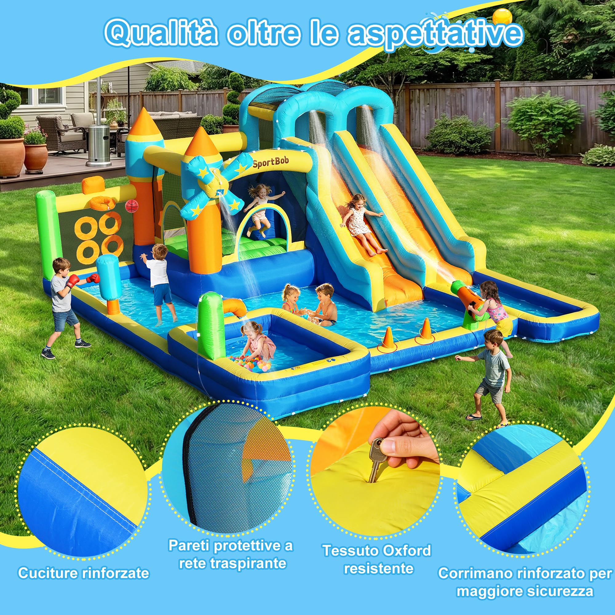 Castello gonfiabile con doppio scivolo, ventola, piscina per bambini, area per salti e parete da arrampicata, ideale per uso interno ed esterno, riunioni di famiglia e occasioni di compleanno