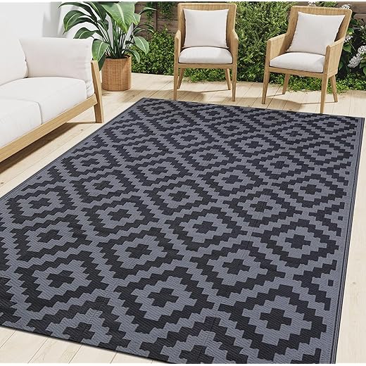Smiry Waterproof Outdoor Rug 5x8ft, Reversible Plastic Straw Patio Camping Rugs, Outdoor Indoor RV Mat Carpet for Patio, Outside Entry, Backyard, Deck, Bench, Picnic, Camper, Black & Grey
