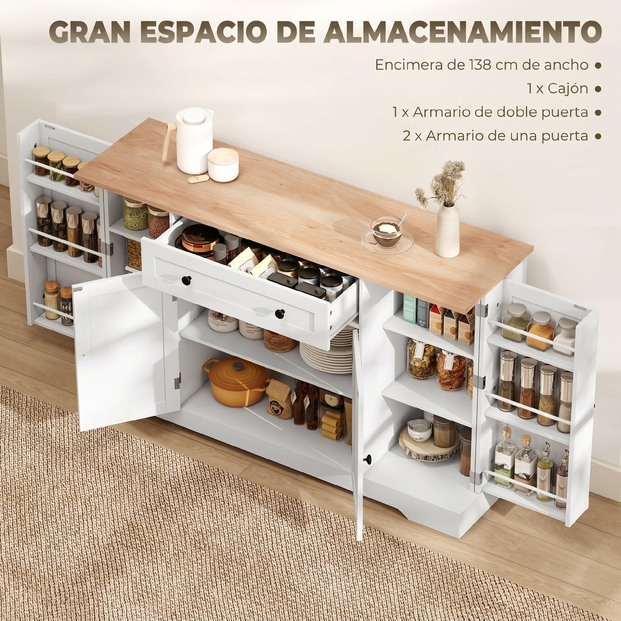 HOMCOM Aparador Armario de Cocina Moderno con Cajón 138x40x83,5 cm Blanco | Estantes en las Puertas, Estantes Ajustables, Barra de Café, para Cocina, Comedor