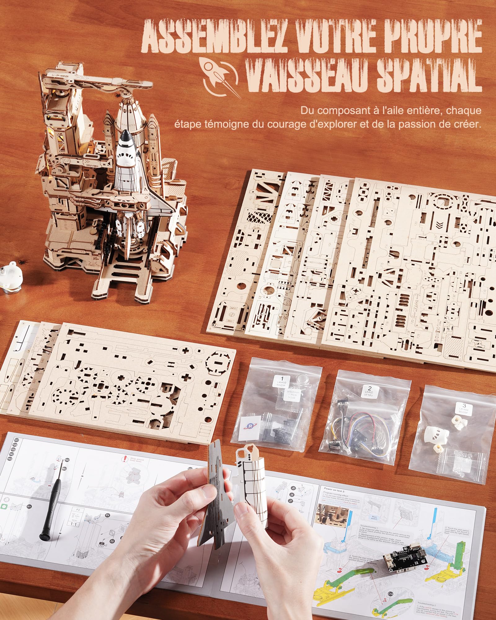 ROBOTIME Navette Spatiale en Bois avec Base de Lancement, LKA02 | 446 pièces · Levage & retour motorisés · Échelle 1:420 · Câble Type-C 5 V requis