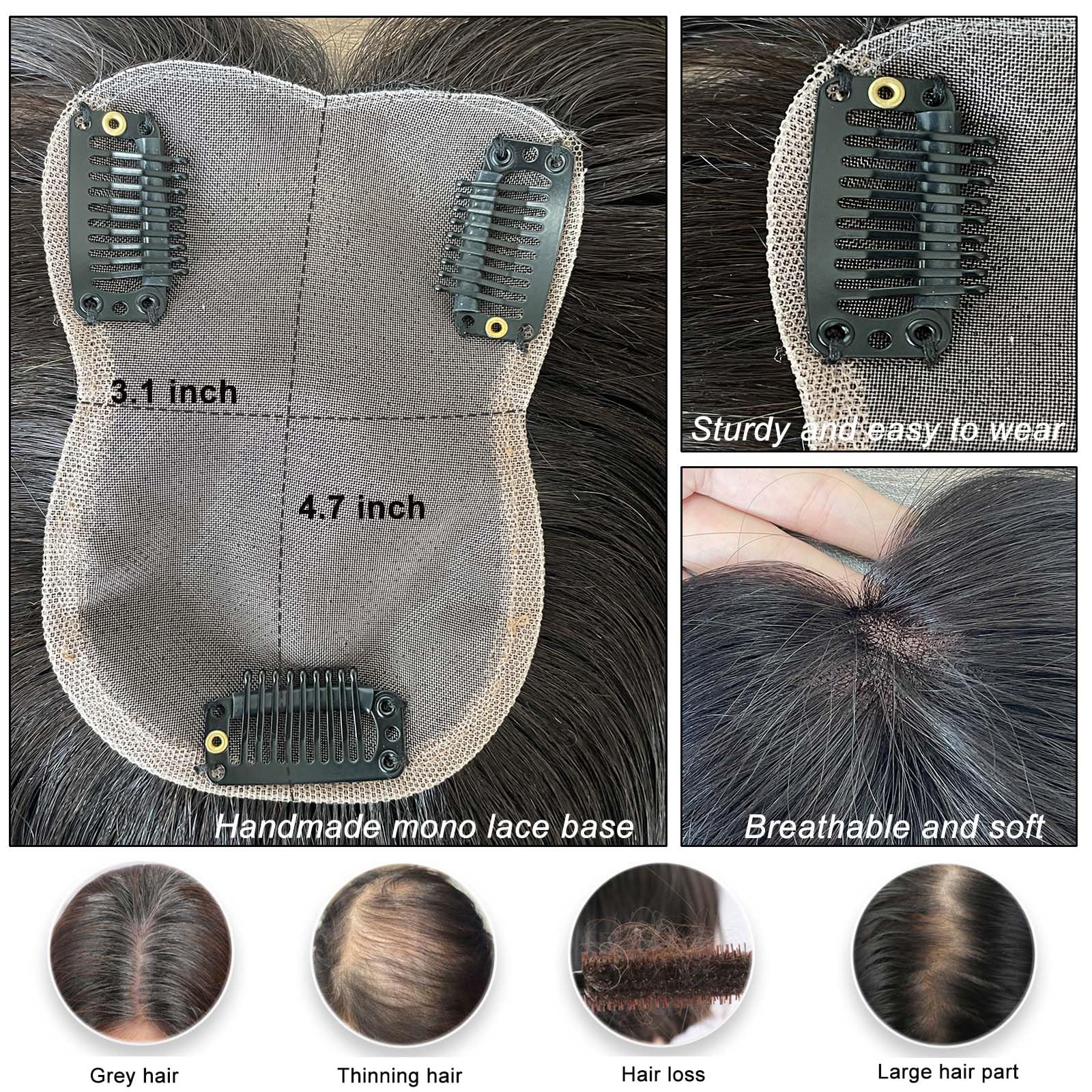 Toppers de cabello humano lacio para mujer con cabello fino, 3.1 x 4.7 pulgadas, hecho a mano, base de encaje mono, piezas de cabello de 10 pulgadas con clip en la parte superior para uso