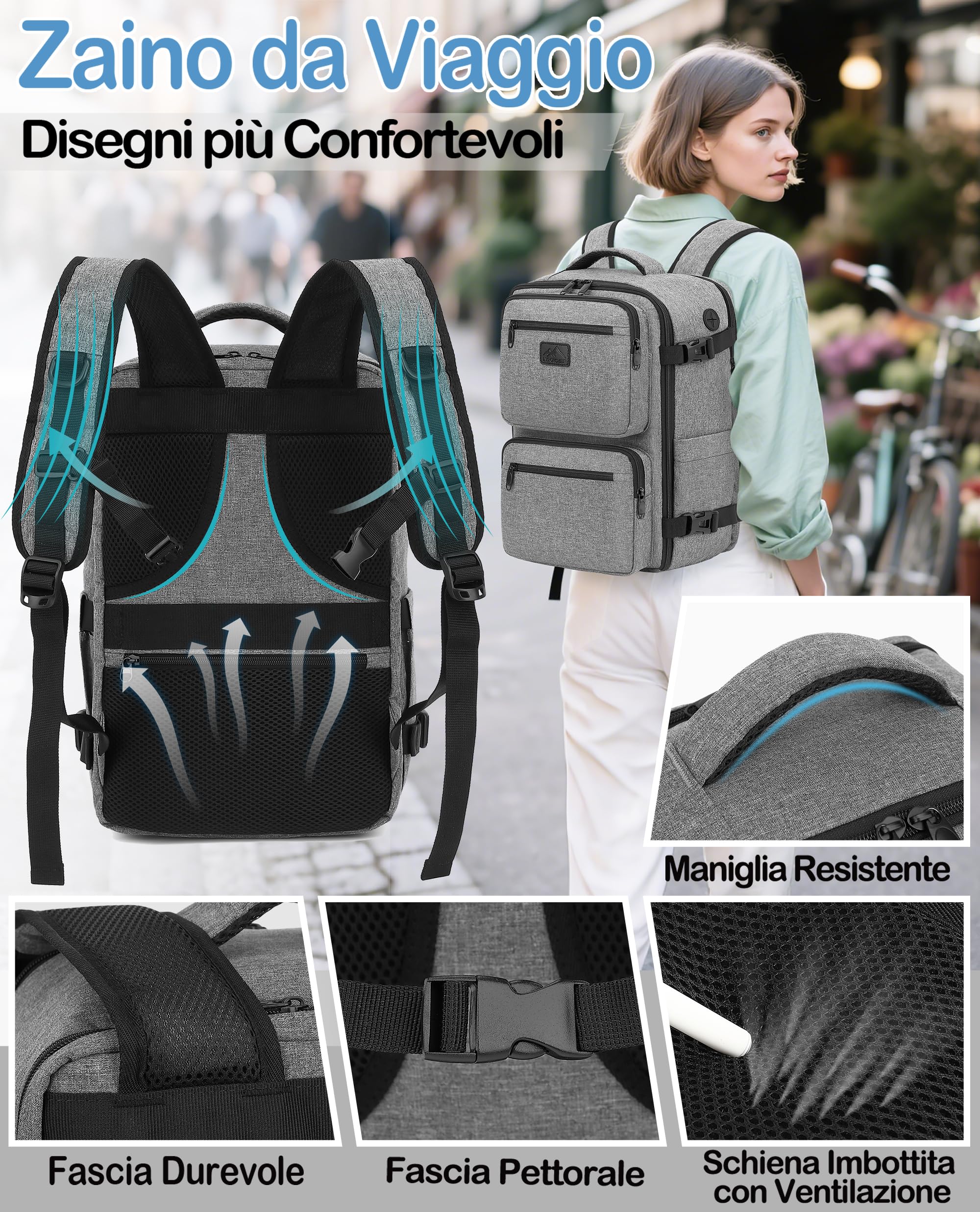 LYNXCHER Zaino da Viaggio Easyjet 45x36x20 Bagaglio a Mano Aereo 30L Borsa da Cabina per Uomo e Donna per Laptop da 15.6 Pollici Grigio