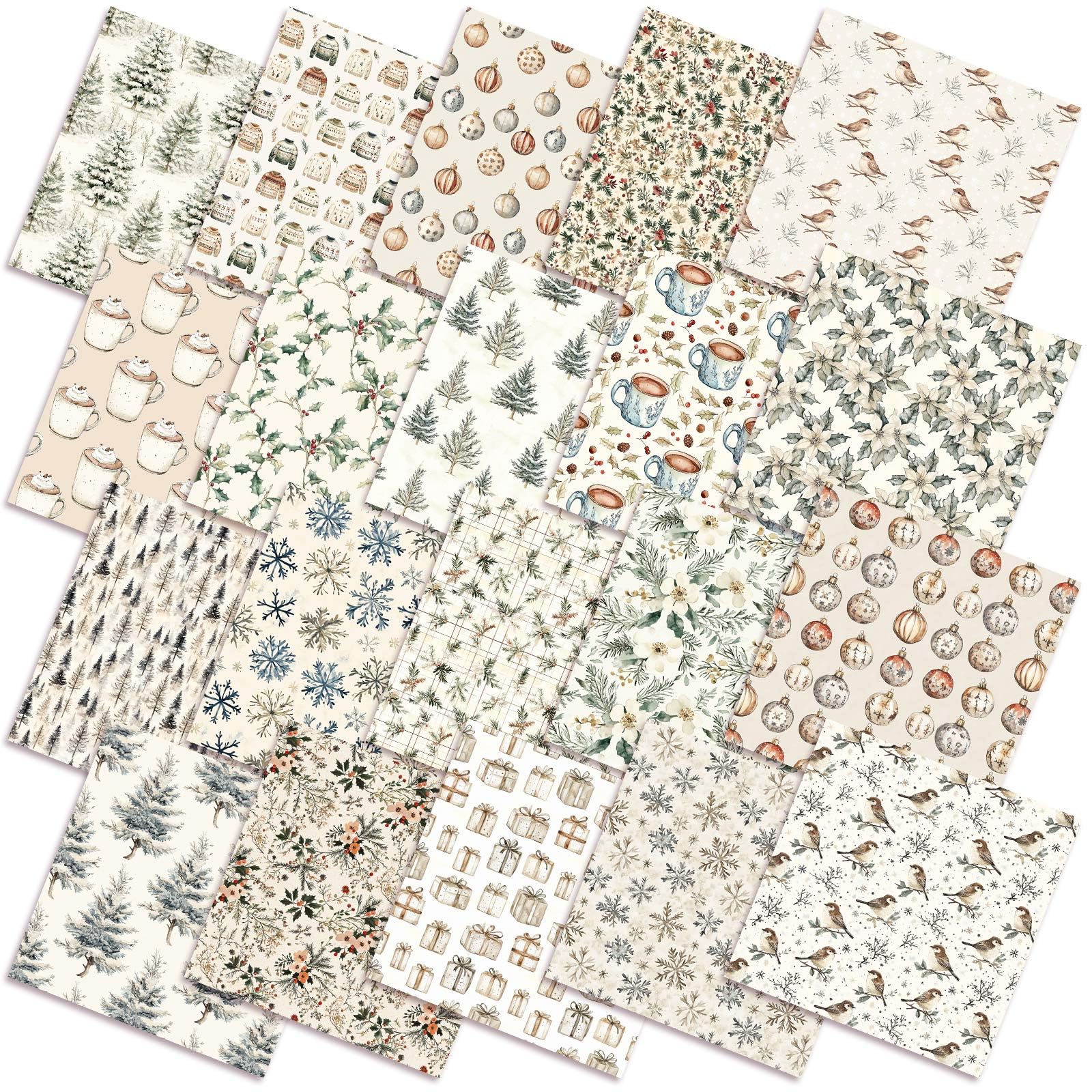 HunnmingRe - Lote de 20 telas acolchadas navideñas bohemias de 10 x 10 pulgadas, cuadradas, color beige bosque, rústicas, precortadas, estampadas, para patchwork, manualidades de costura navideñas