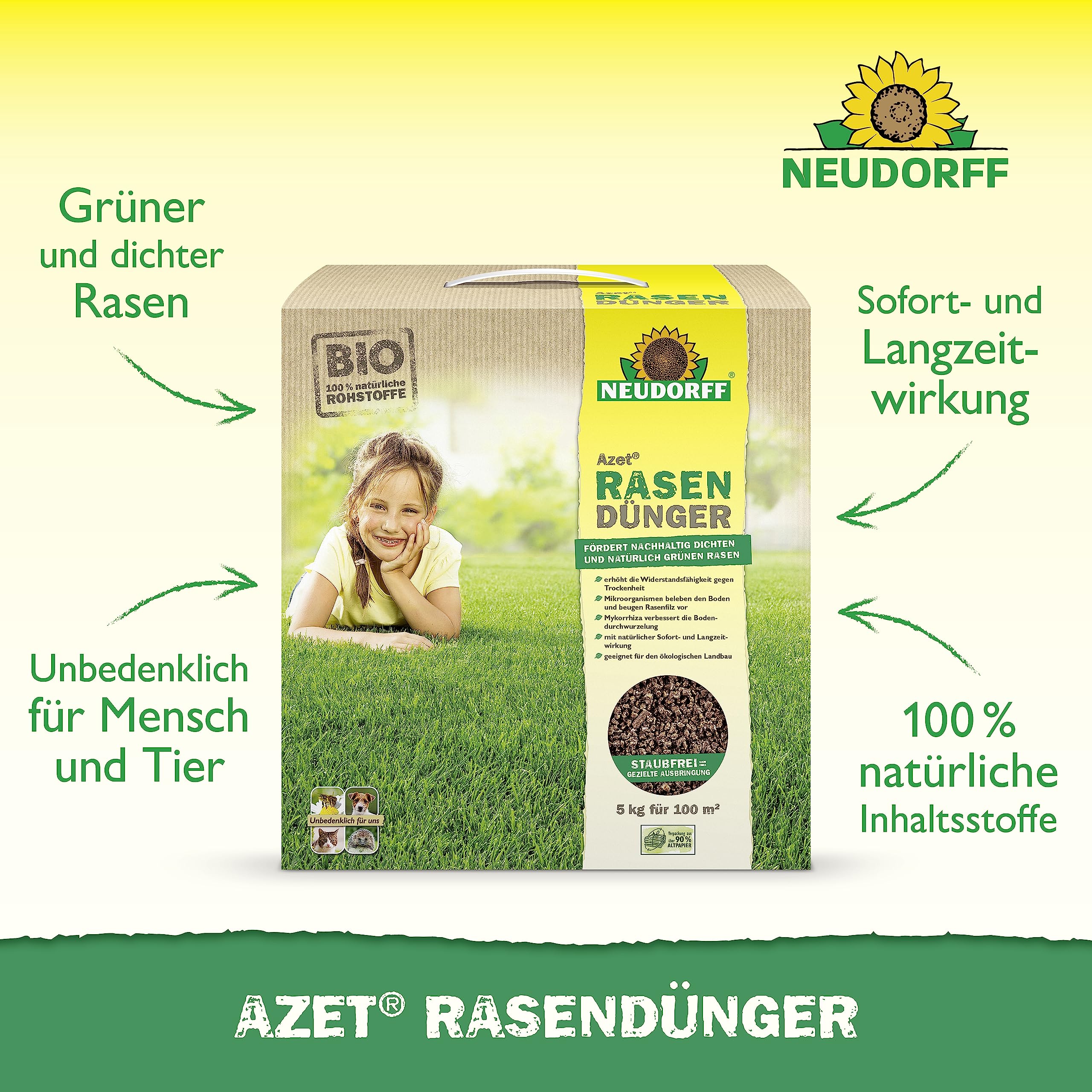 Neudorff Azet Nawóz do trawnika – organiczny nawóz do trawnika na 100 m² zapewnia gęstą, zieloną i wytrzymałą powierzchnię trawnika, 5 kg