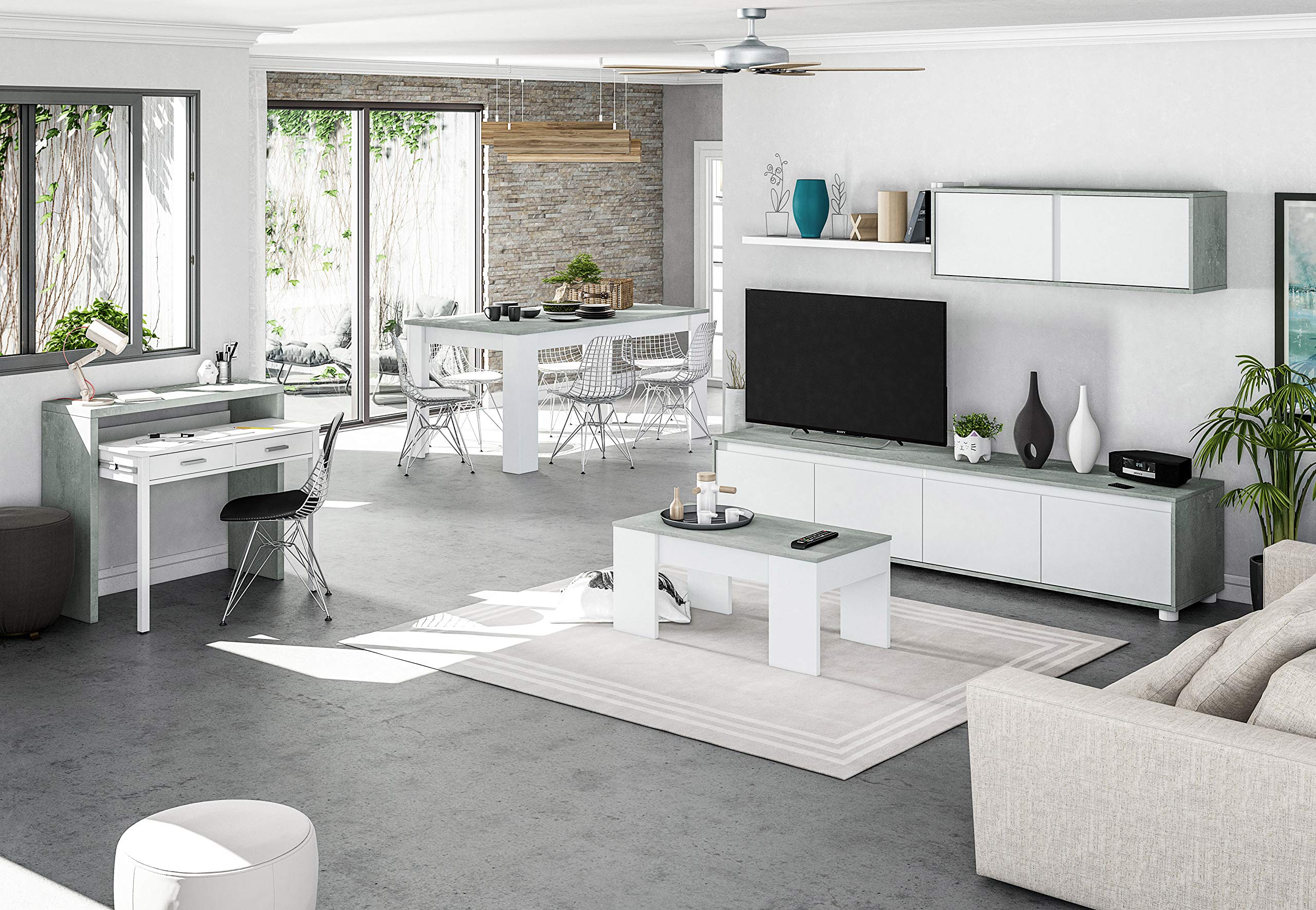 Habitdesign 016663L Mueble de salón Moderno, modulos Comedor Alida, Medidas: 43 cm de Altura x 200 cm de Ancho x 41 cm de Fondo (Blanco Artik y Gris Cemento) + Mesa de Centro Elevable