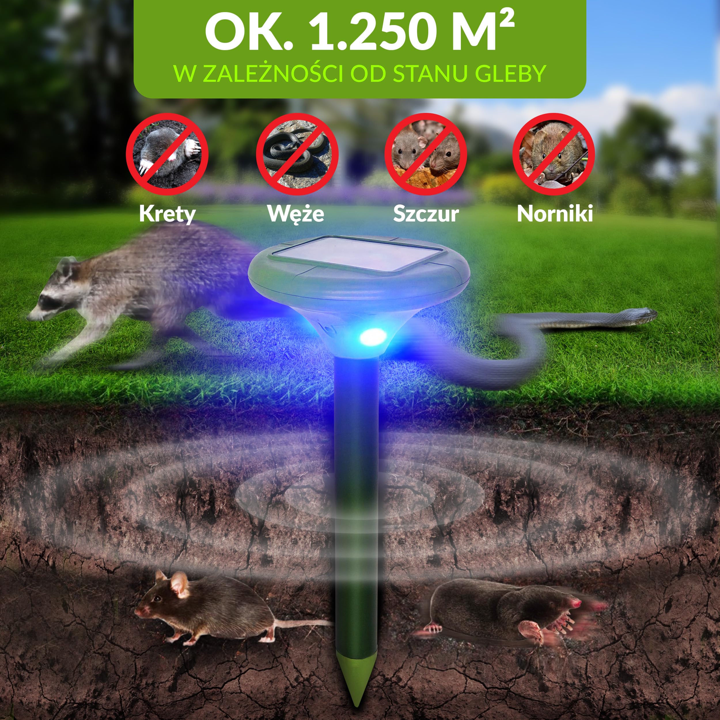 ISOTRONIC Solarny odstraszacz kretów, norników i węży – Z kolcem do wbijania w ziemię – Do ogrodu i na trawnik – Skuteczna ochrona – Zasięg 1250 m² (2 sztuki)