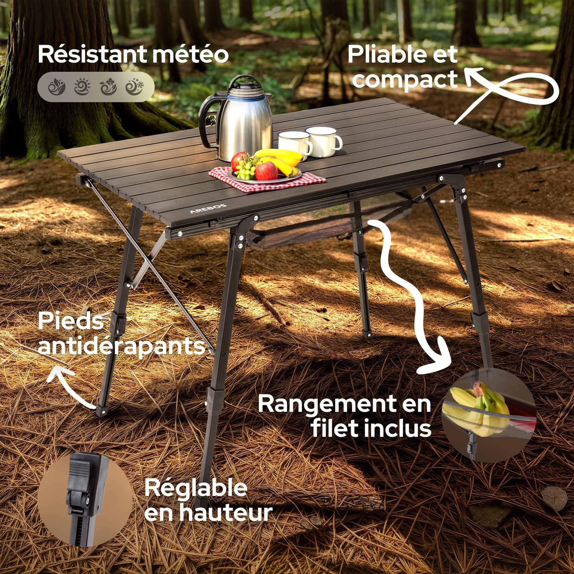 AREBOS Table de Camping Pliante réglable en Hauteur 47-69 cm avec Sac de Transport | pour Jardin, Barbecue, Pique-Nique, Balcon, Voyage | Noir