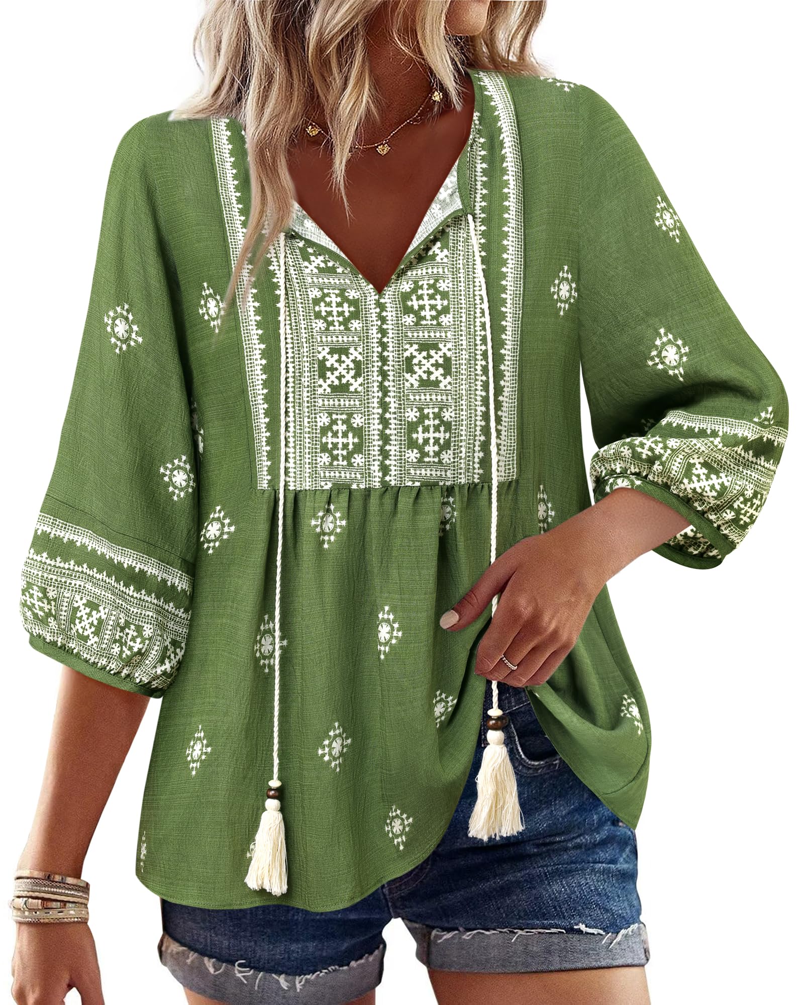 Vivilli Womens Summer Boho Babydoll Tops 3/4 Sleeve Pleated Peplum Blouses Casual V Neck Tie Front 2026 Tunic Tops