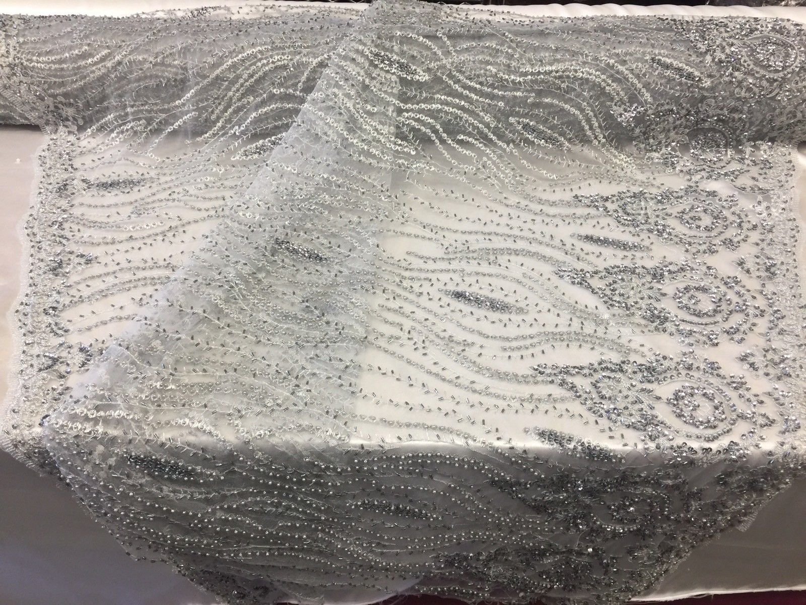 Beaded Fabric - Silver Mesh lace Embroidered For Bridal Wedding Dress Prom Party Home Decoration By The Yard