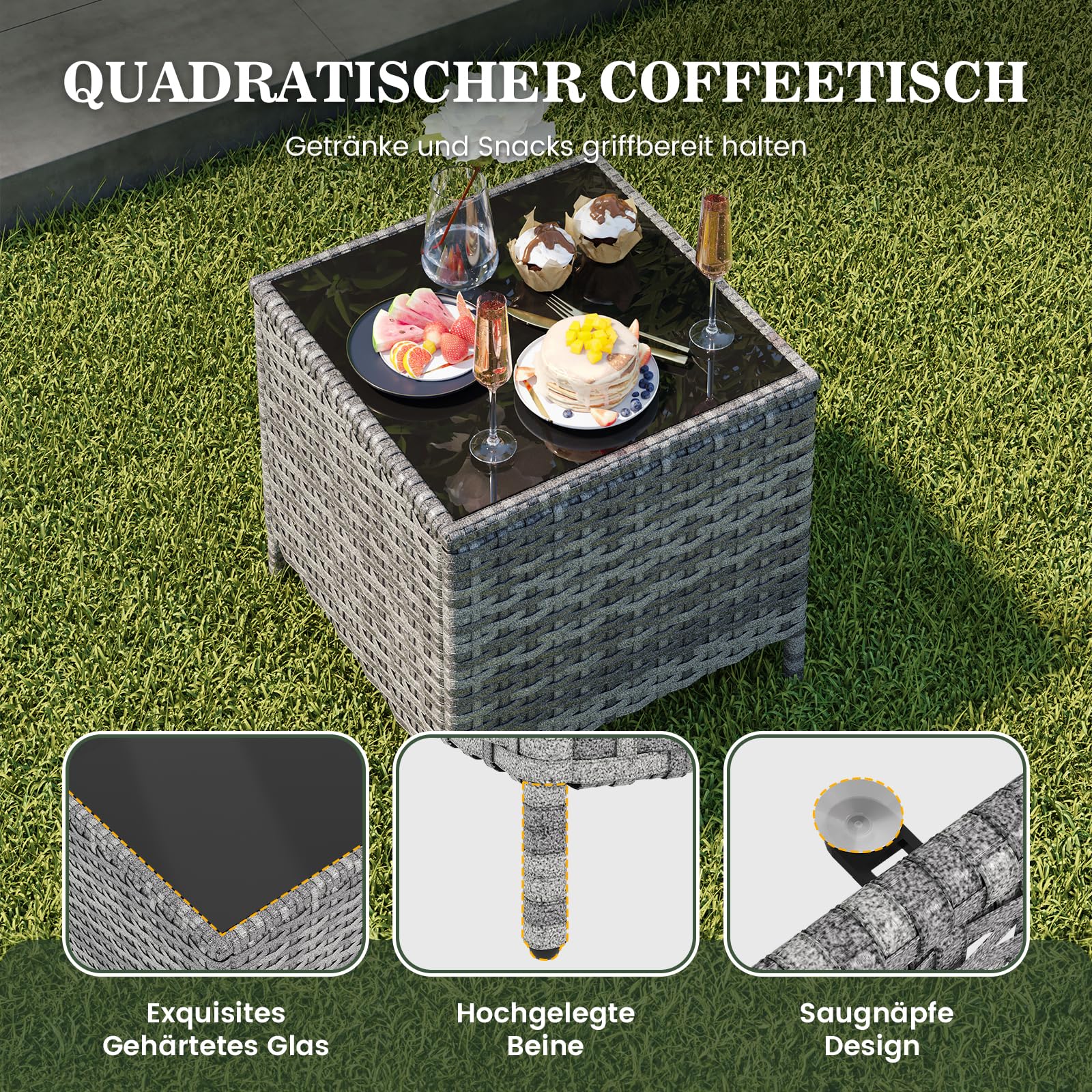 Amopatio Rattan Gartenmöbel Set mit 2 Verstellbarem Rattan Sessel, 2 Hocker & Glastisch, Wetterfest Lounge Möbel Outdoor mit Softkissen, für Garten,Terrasse & Balkon, Grau-meliert & Dunkelgraue Bezüge