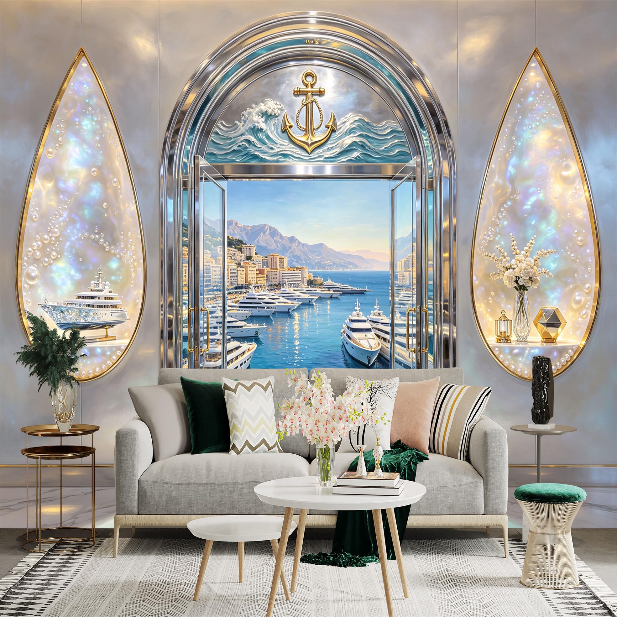 Custom Size Wall Sticker Mural， Luxury Marina View with Yachts， Ocean Waves and Coastal Scenery， for wall Decoration， peelandstick wall Decals.