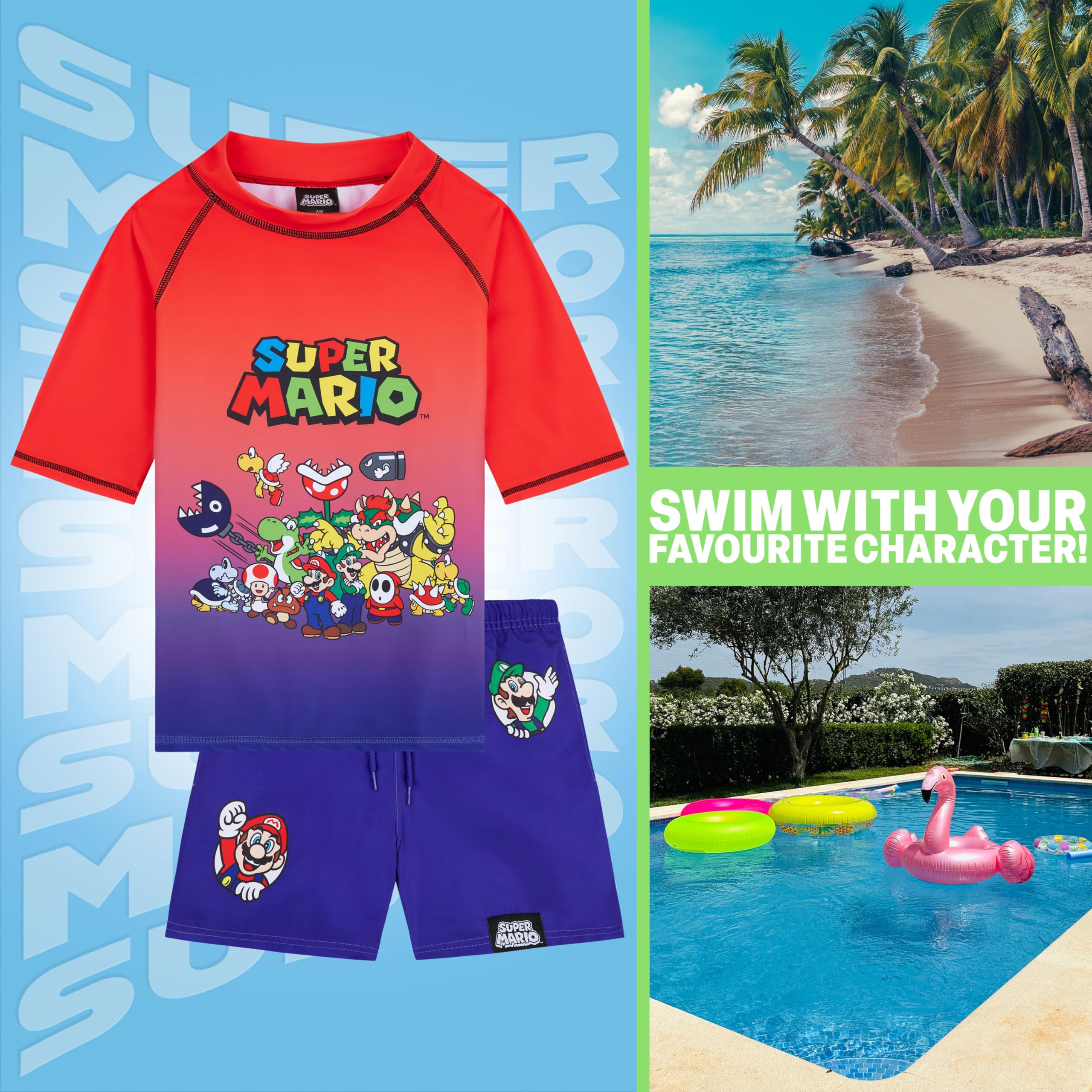 Get Trend Super Mario Maillot de Bain Enfant Garcon 7-13 Ans, 2 Pièces T-Shirt et Short de Bain, UPF 50+, Ete Cadeau Garcon