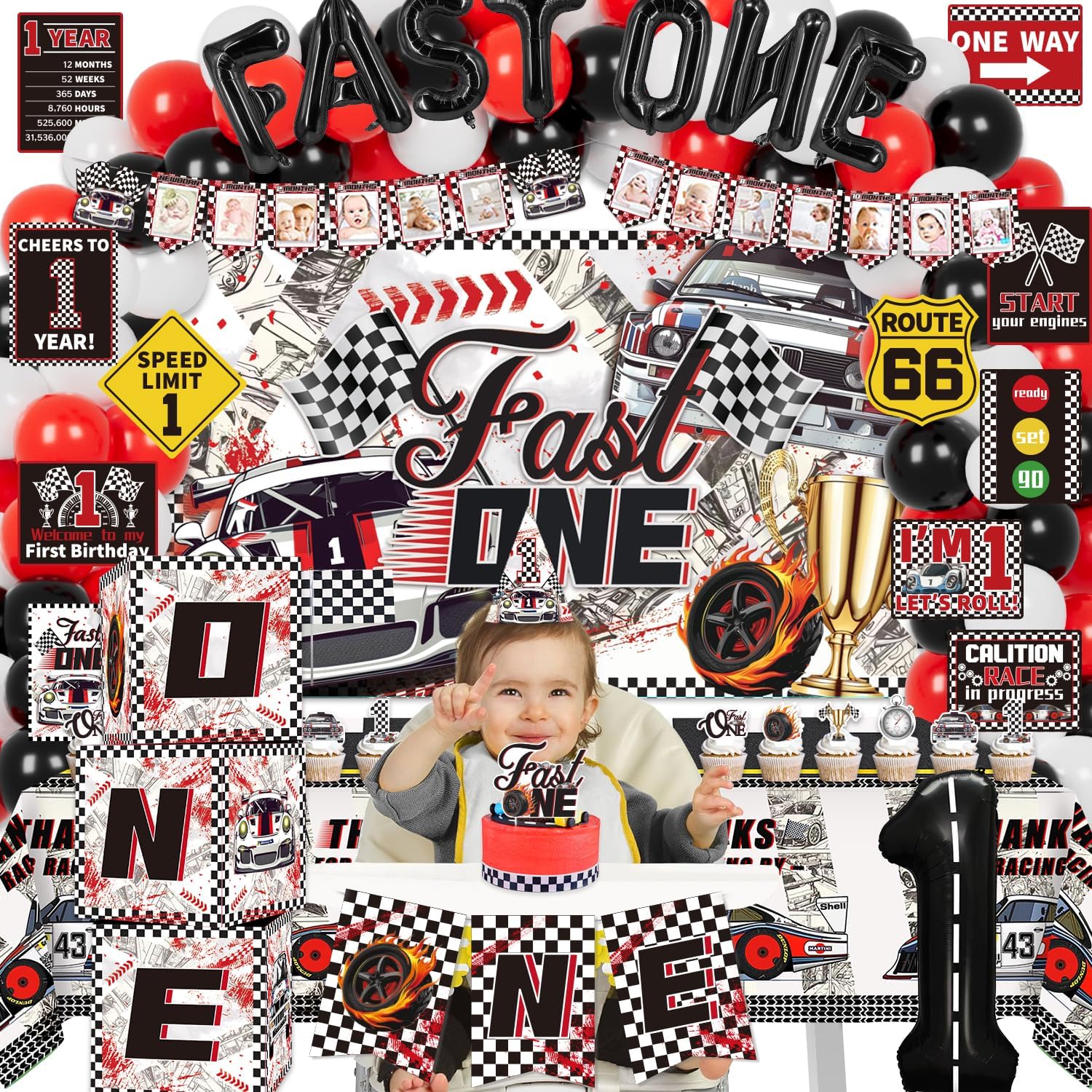 Fast One Birthday Decorations, 125 Pcs Race Car First 1st Birthday Party Supplies for Boys Baby - Banner, Cake Toppers, Balloons, Tablecloth, Centerpieces, Crown, Poster, Baby Boxes - Image 6