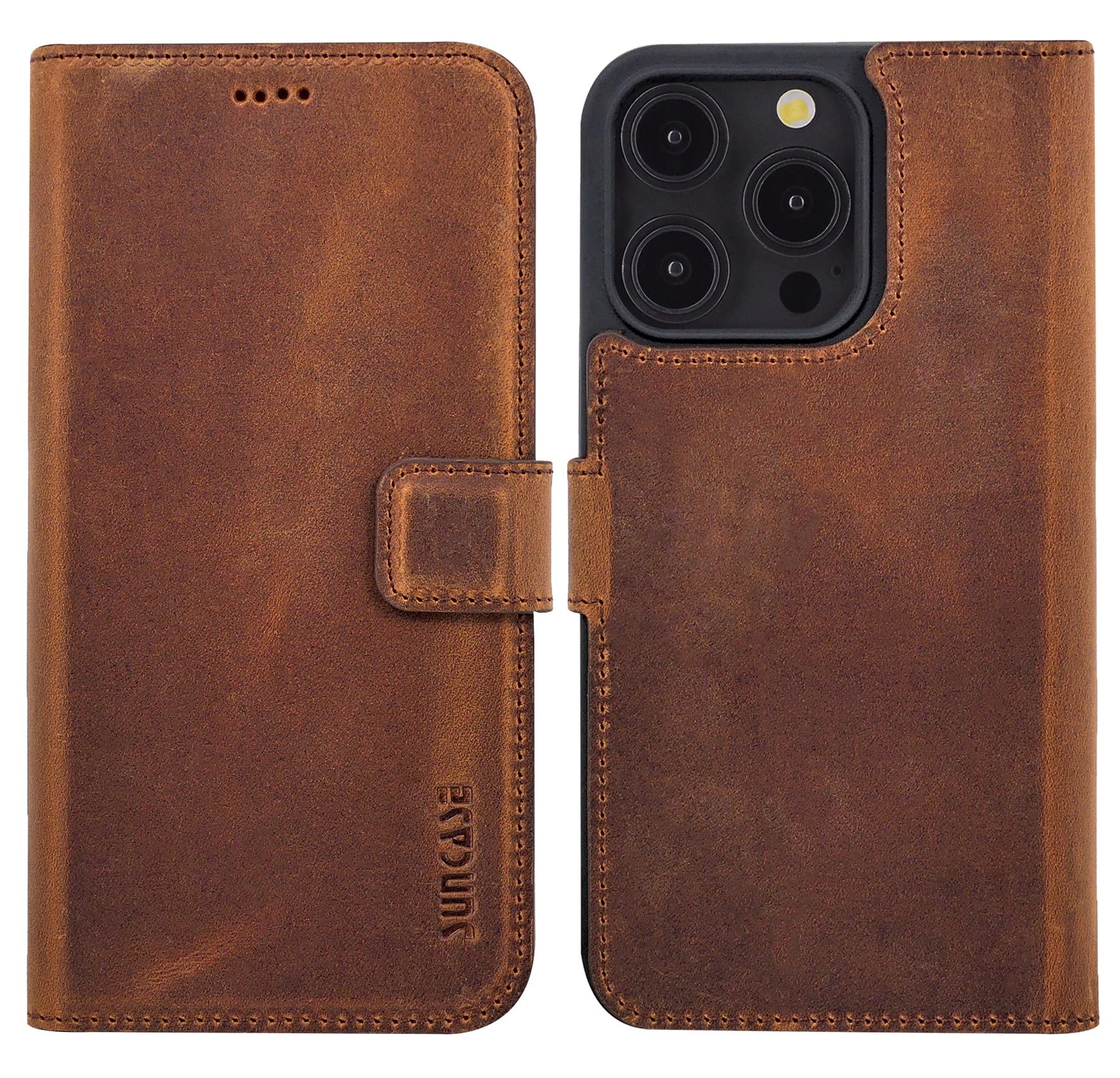 Suncase Etui skórzane kompatybilne z Honor 600 z prawdziwej skóry – Premium Bookstyle etui z klapką z kieszenią na karty, zapięciem magnetycznym i funkcją stojaka – Wallet Case etui na telefon
