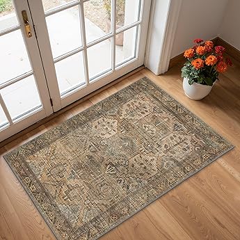 GENIMO 2x3 Hallway Runner Rug, Machine Washable Boho Vintage Runners Non Slip, Printed Thin Low Pile Lightweight Chenille Carpet Runner for Entryway, Kitchen, Bathroom, Bedroom, TAN