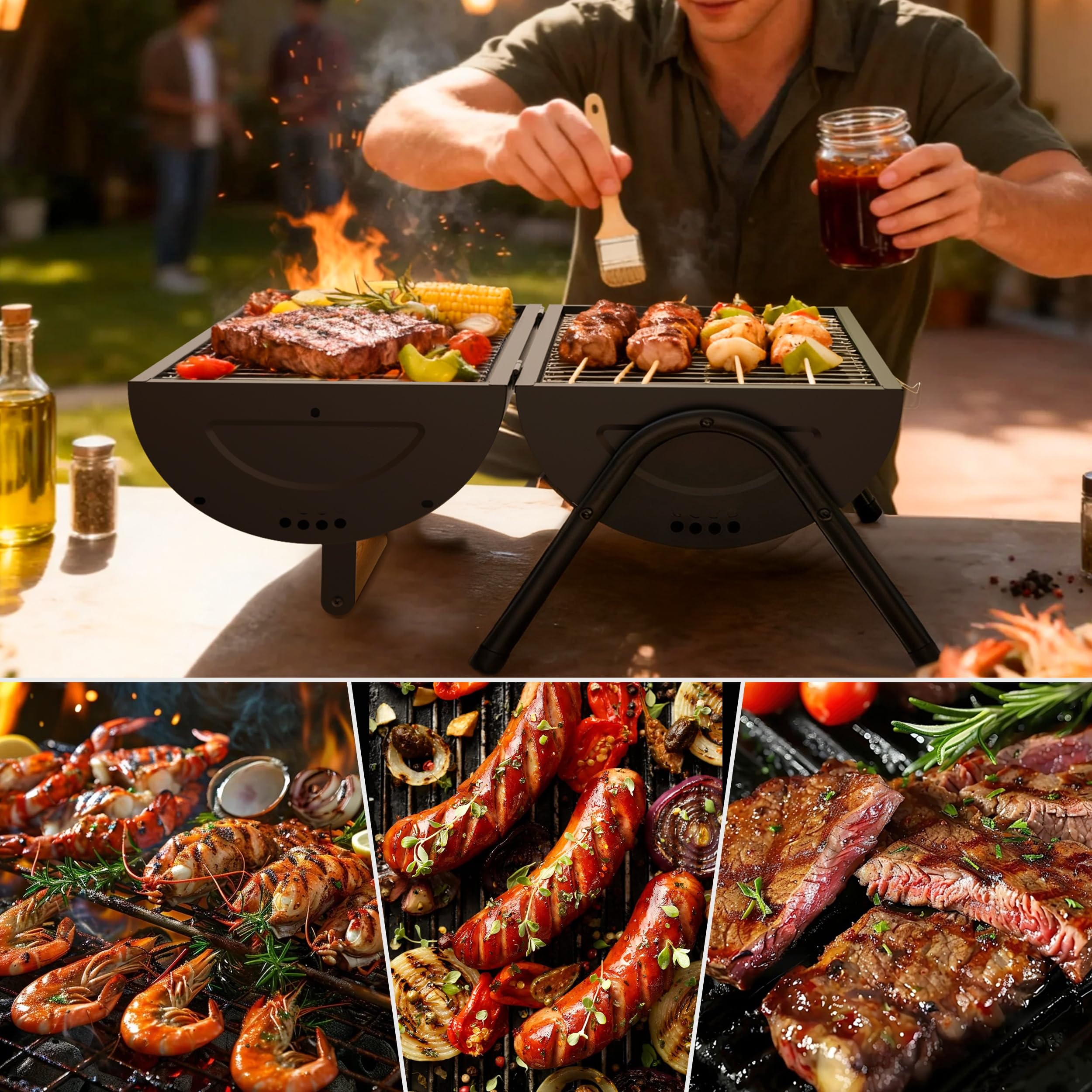 Barbecue portatile a carbonella – Piccolo barbecue da campeggio con griglia 2 in 1, griglia regolabile, compatta e leggera, per barbecue all'aperto, campeggio, picnic, cortile, spiaggia