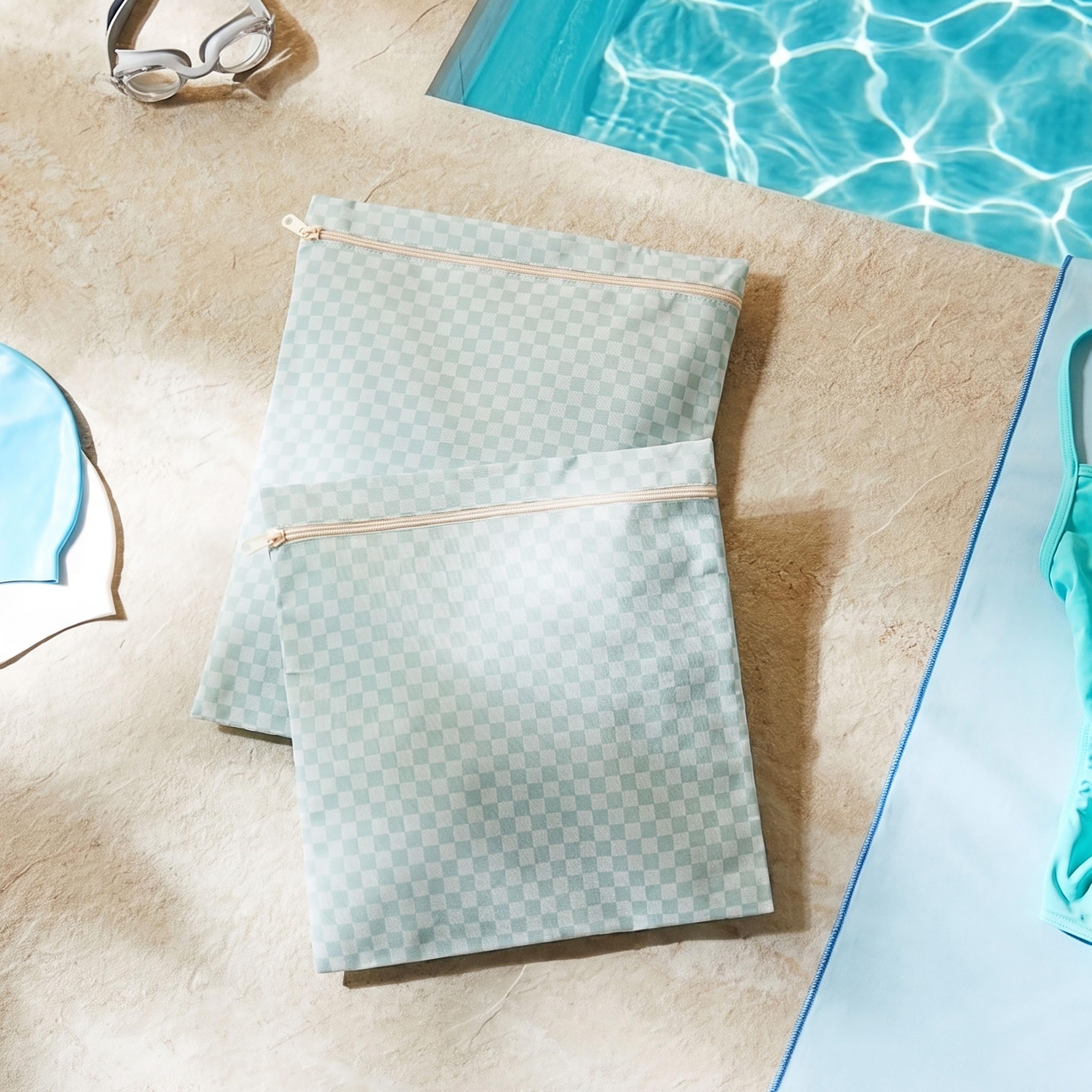 Ocean Home Textile 2'li Su Geçirmez Pvc Astarlı Mint Dama Desen Islak Kuru Çantası 28 x 30/30 x 36 cm