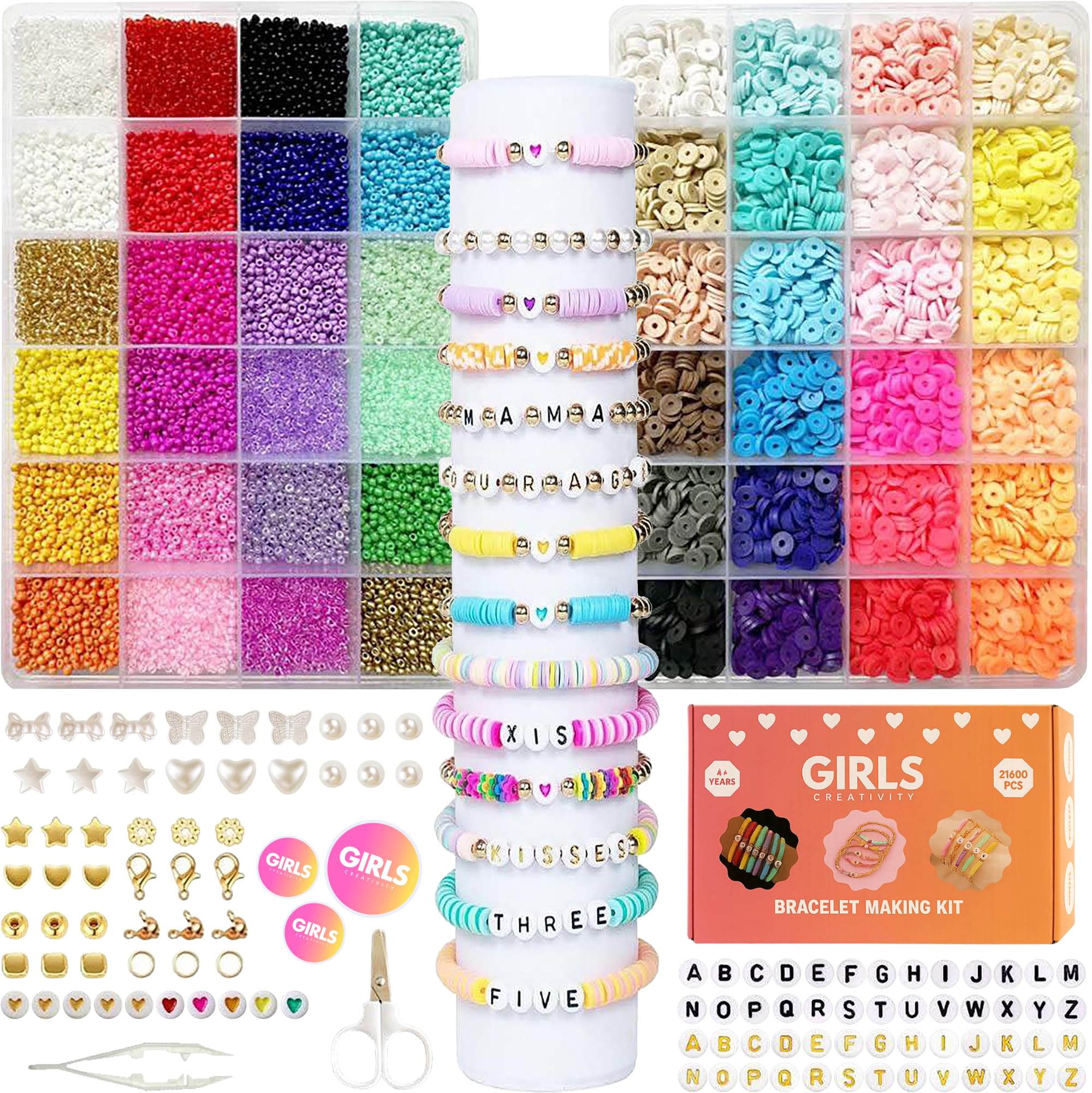 GIRLS CREATIVITY 21600 Clay Beads & Acrylic Beads Bracelet Making Kit Polymer Clay Beads for Jewellery Making DIY Bracelet Necklace Kit with Letters, Charms,Storage Box Gifts for Girls & Adults