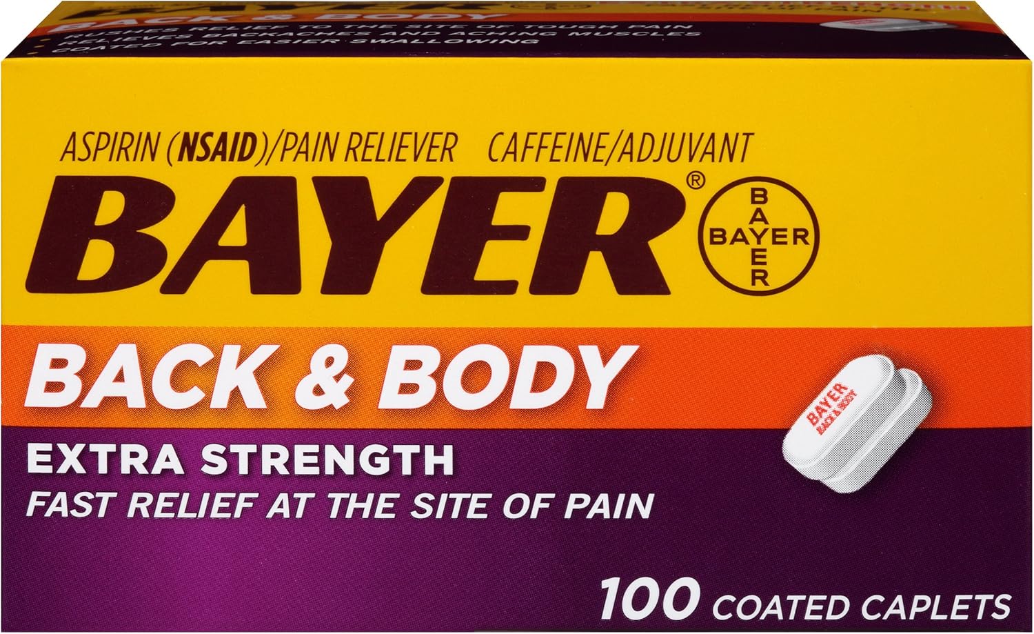 Bayer Back & Body Extra Strength Aspirin, 500mg Coated Tablets, Fast Relief at the Site of Pain, Pain Reliever with 32.5mg Caffeine, 100 Count : Health & Household