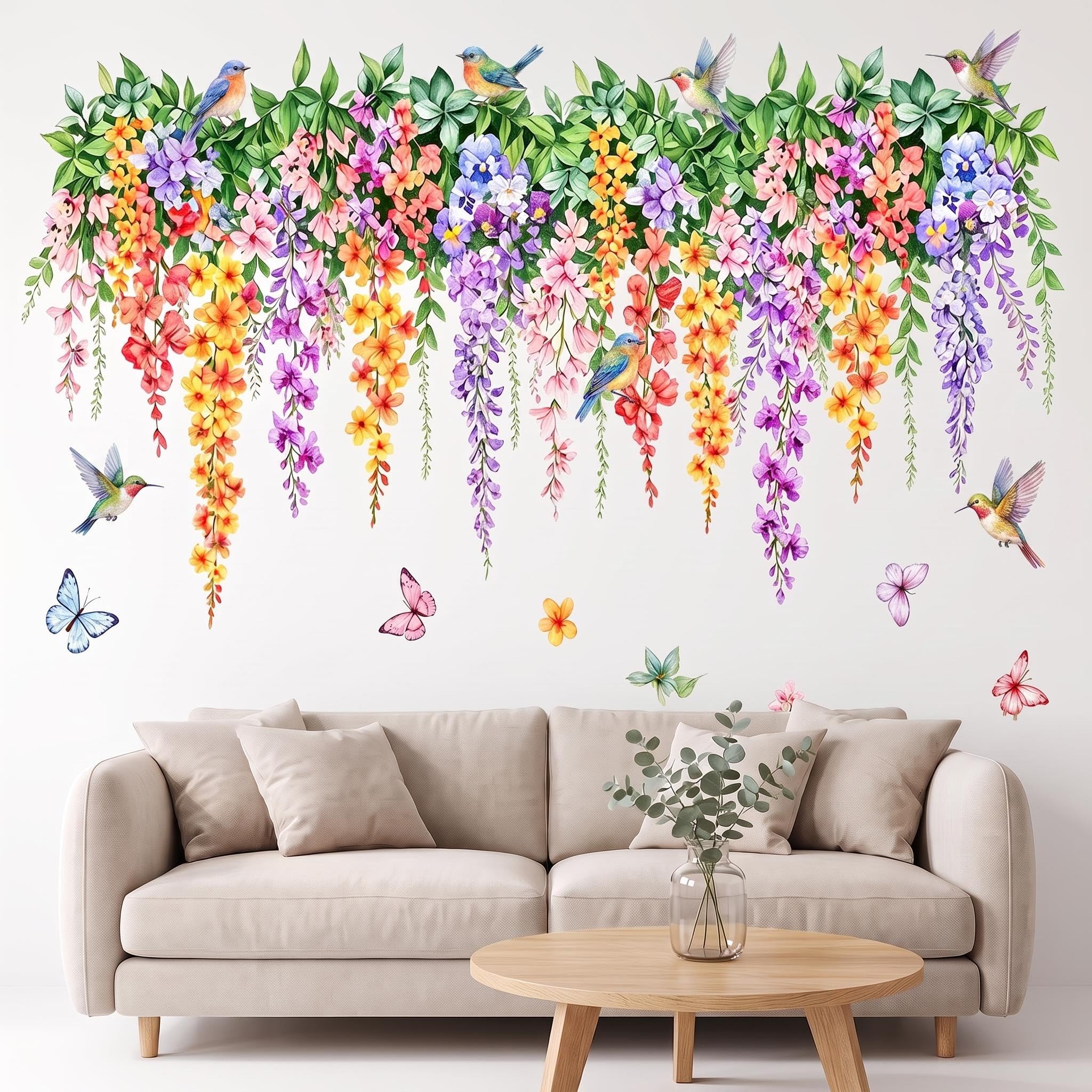 2 Sheets Large Wisteria Window Stickers & Wall Decals – Removable Floral Privacy Window Film with Birds & Butterflies – Peel and Stick Glass Door Mural for Kitchen, Bedroom, Bathroom (90cm x 30cm)