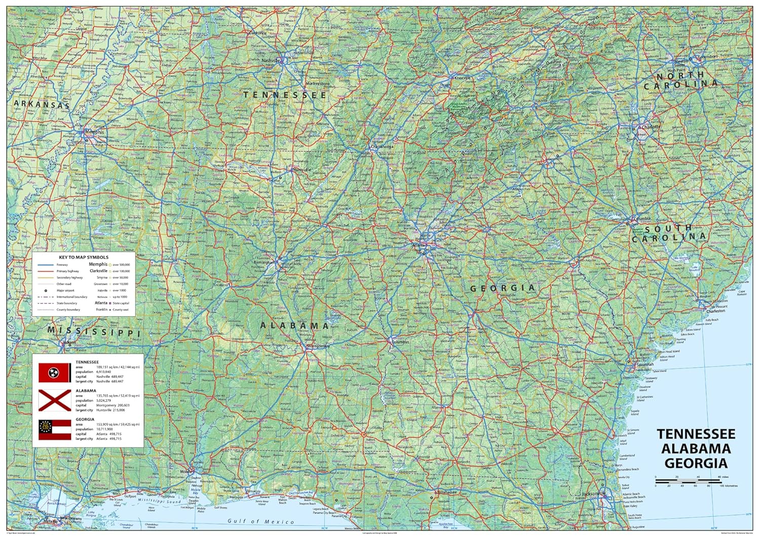 Amazon.co.jp テネシー州、アラバマ州、ジョージア州の物理的ポスターマップ 23.3 x 16.5インチ 紙ラミネート加工