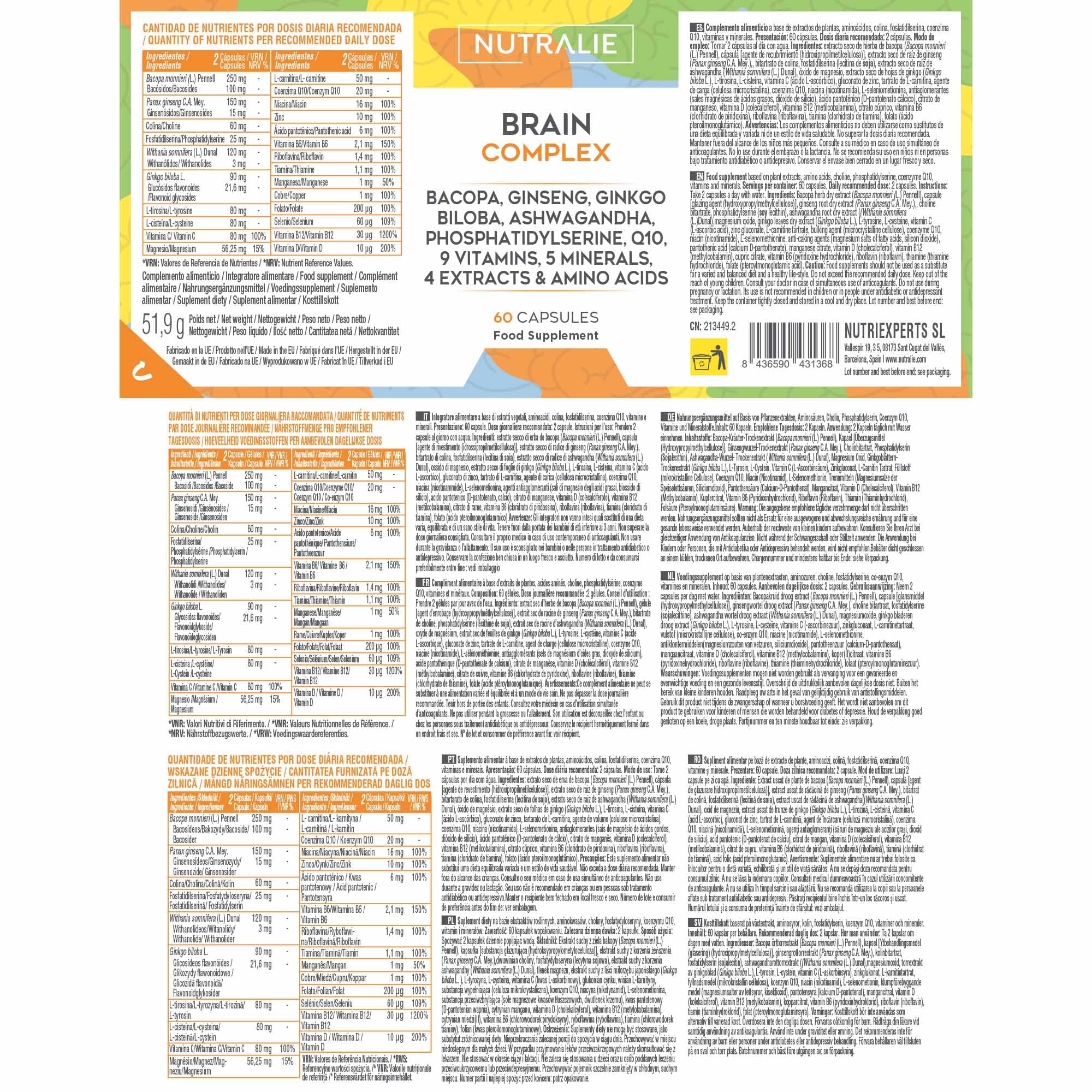 Nootropique Brain Complex - Mémorie et Concentration - Bacopa Monnieri, Ginkgo Biloba, Choline, Ginseng, L-Tyrosine + Vitamines - Brain Complex 60 Gélules Nutralie