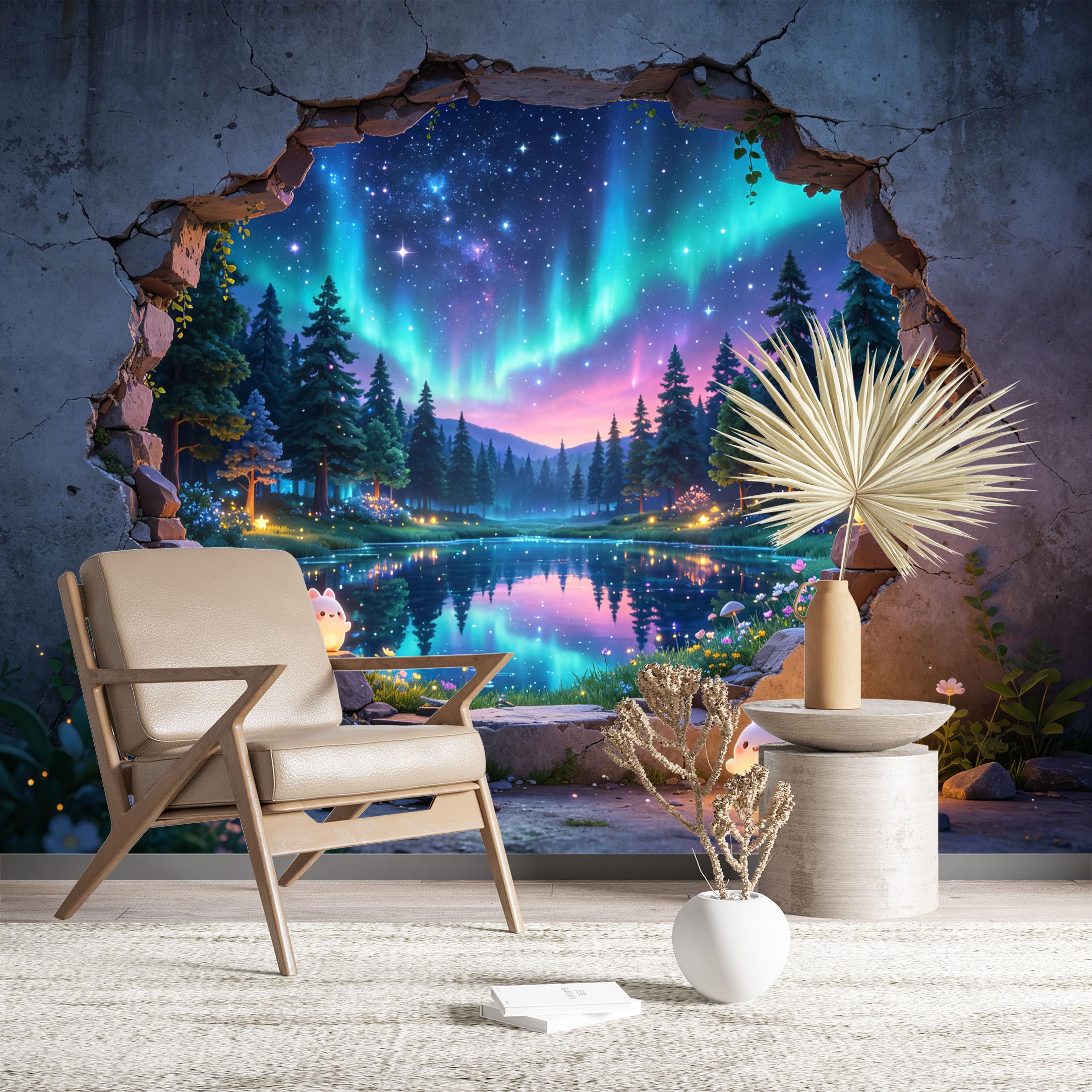 Custom Size Wall Murals Aurora Forest with Cute Characters Through Cracked Wall Large Photo Wallpaper Self-Adhesive Wall Fabric (NO PVC) Removable Wallpaper