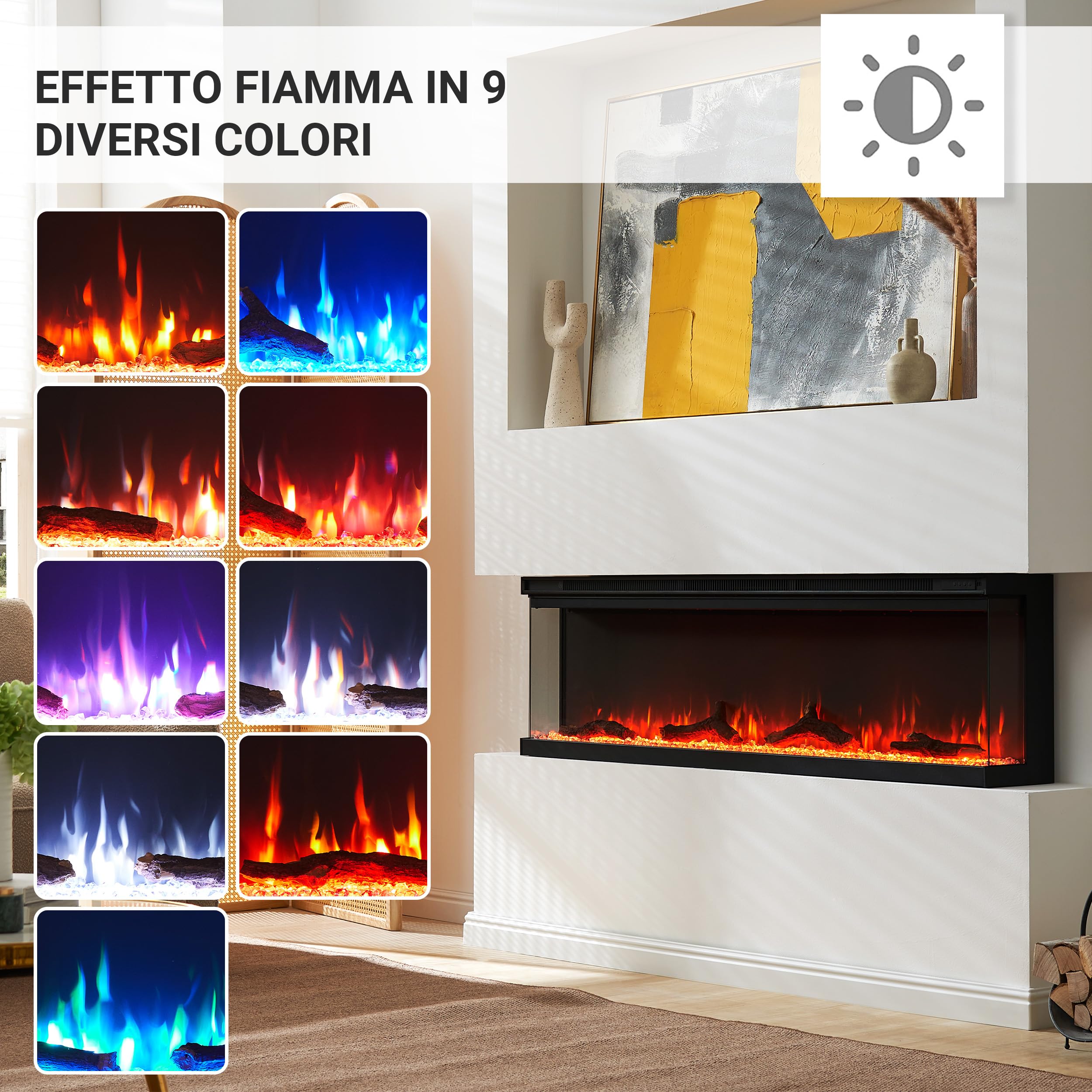 BALDERIA Camino elettrico Orson | Camino elettrico da parete/incasso, effetto fiamma LED 3D, dimmerabile, camino con riscaldamento da 1800 W di potenza, timer (60")
