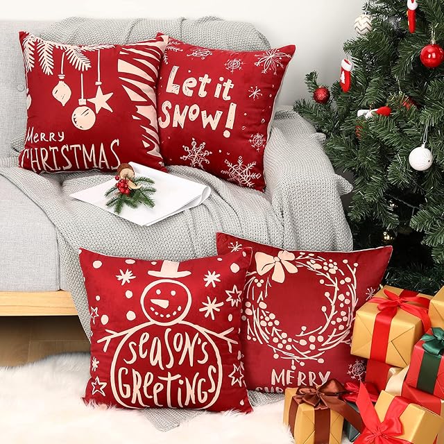 Lewondr Christmas Pillow Covers 18 x 18 Set of 4 Square Sofa Velvet Cushion Covers Xmas Holiday Home Decor Snowflake Garland Pillowcases for Sofa Bed, Red&White
