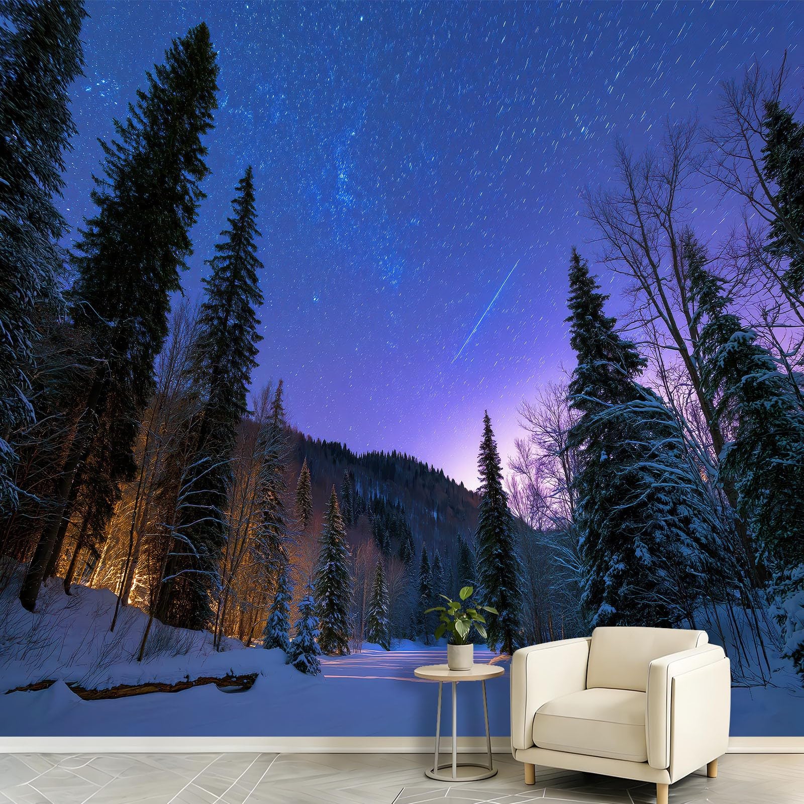 Fotografia gwiaździste niebo zima fototapeta 200 x 140 cm las meteor śnieg las sosnowy zdjęcie włóknina tapeta pokrycie ścian, dekoracja do salonu sypialni, akademika domu biura dekoracja