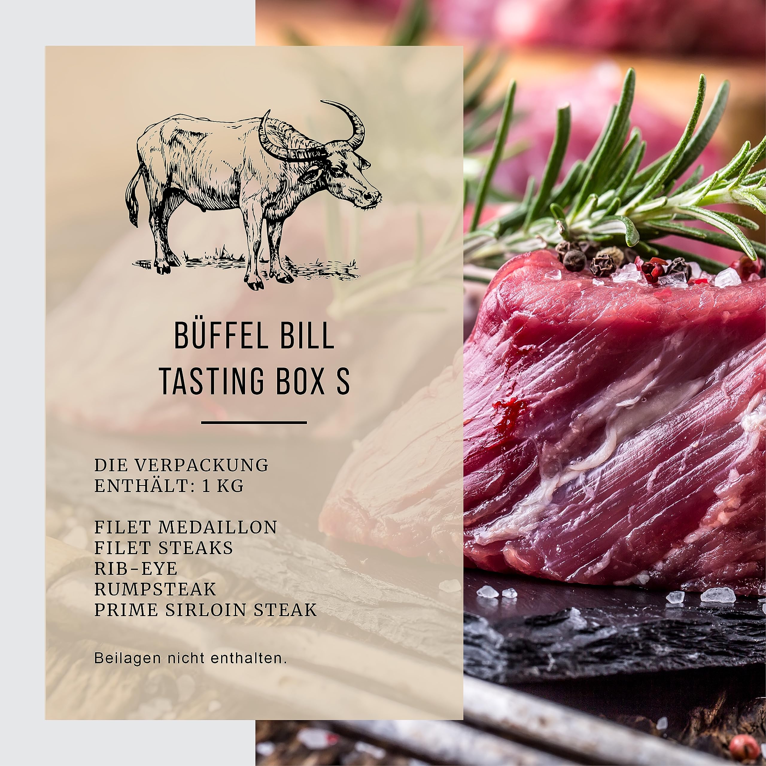 BÜFFEL BILL Tasting Box S - 1kg | Filet Medaillon, Steaks, Rib-Eye, Rumpsteak & Hüftsteak I Zart-saftige Büffelfleisch Cuts I Perfekt zum probieren