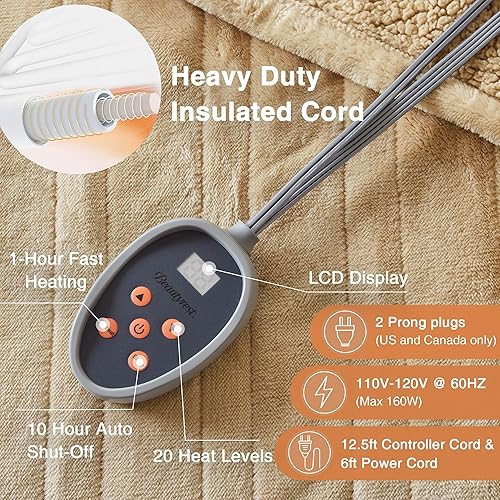 Vista 100 de Beautyrest - Manta Eléctrica Reversible de Felpa ultraligera - Manta Eléctrica, Regulador de Múltiples Niveles de Calor Acogedor Sofá Sala de Estar