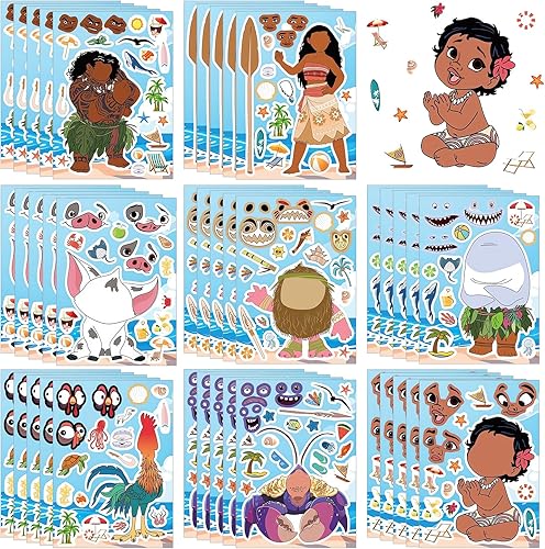 40 hojas de calcomanías para hacer tu propia cara de Moana, con temática de princesa Moana, calcomanías faciales de bricolaje, bolsas de regalo,