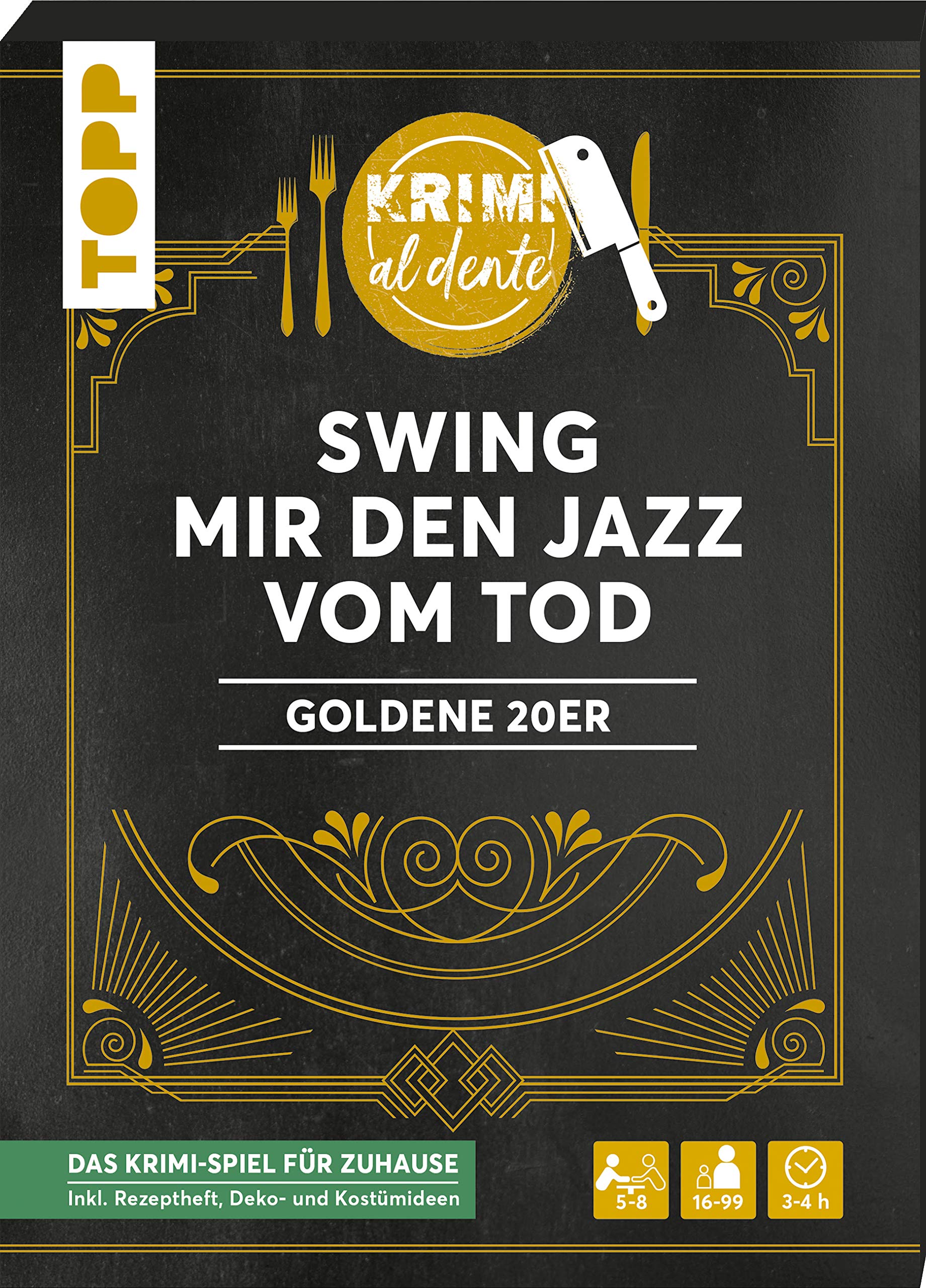 Krimi al dente – Goldene 20er – Swing mir den Jazz vom Tod: Das Krimi-Dinner für 5–8 Spieler inkl. Namensschildern, Rollenheften, Ereignissen, Rezepten sowie Deko- und Kostümtipps.