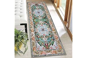 U'Artlines Boho Hallway Runner Rug: 2' x 6' Green Vintage Farmhouse