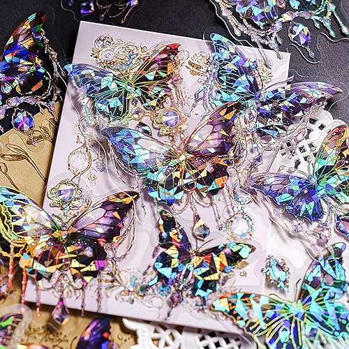 Miniatura 8 de Aromoty Juego de calcomanías de mariposa (120 piezas con 6 temas) - Cristales holográficos brillantes de resina transparente, calcomanías