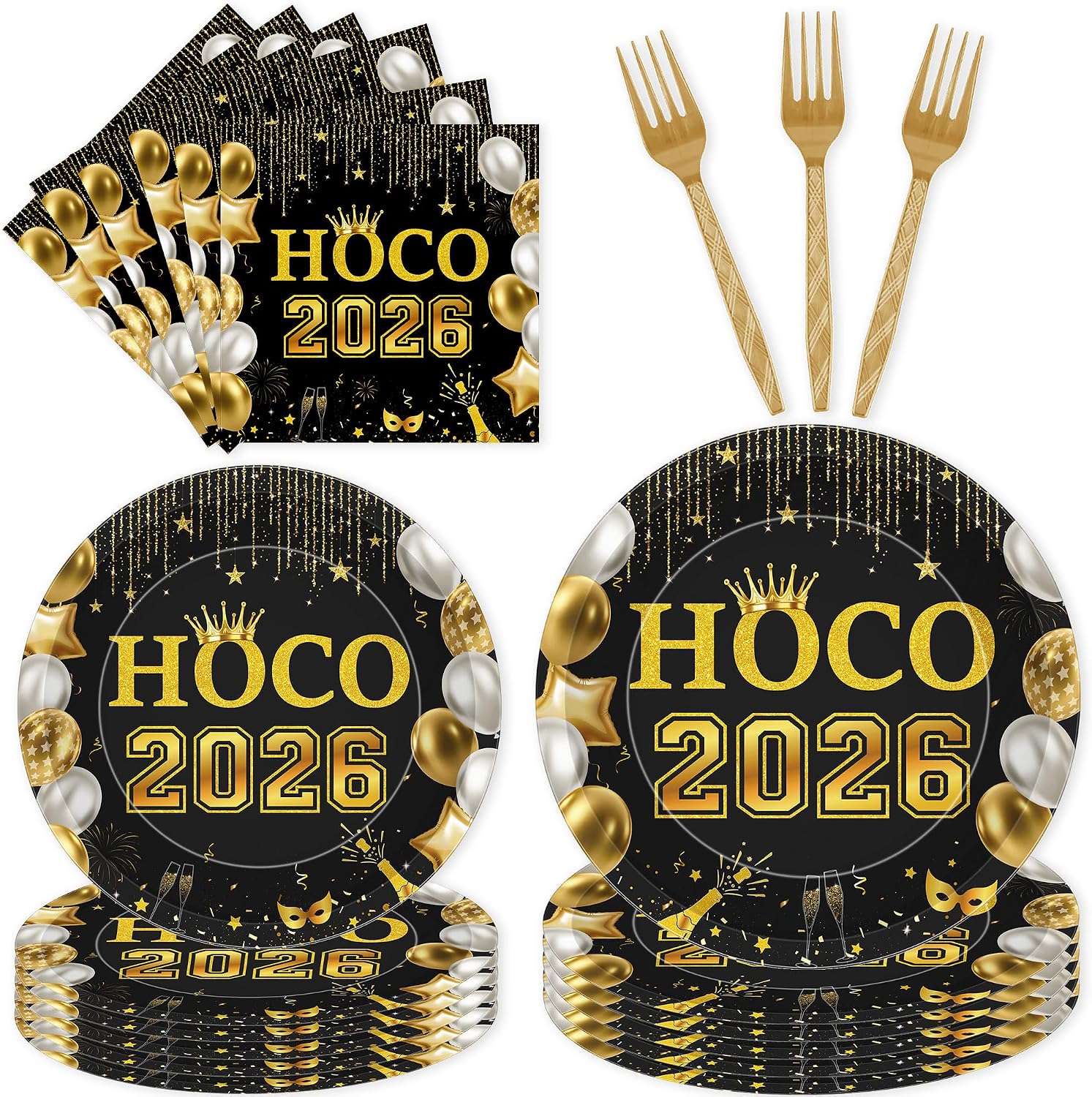 96Pcs Homecoming Decorations, HOCO 2026 Black Gold Plates Napkins Forks