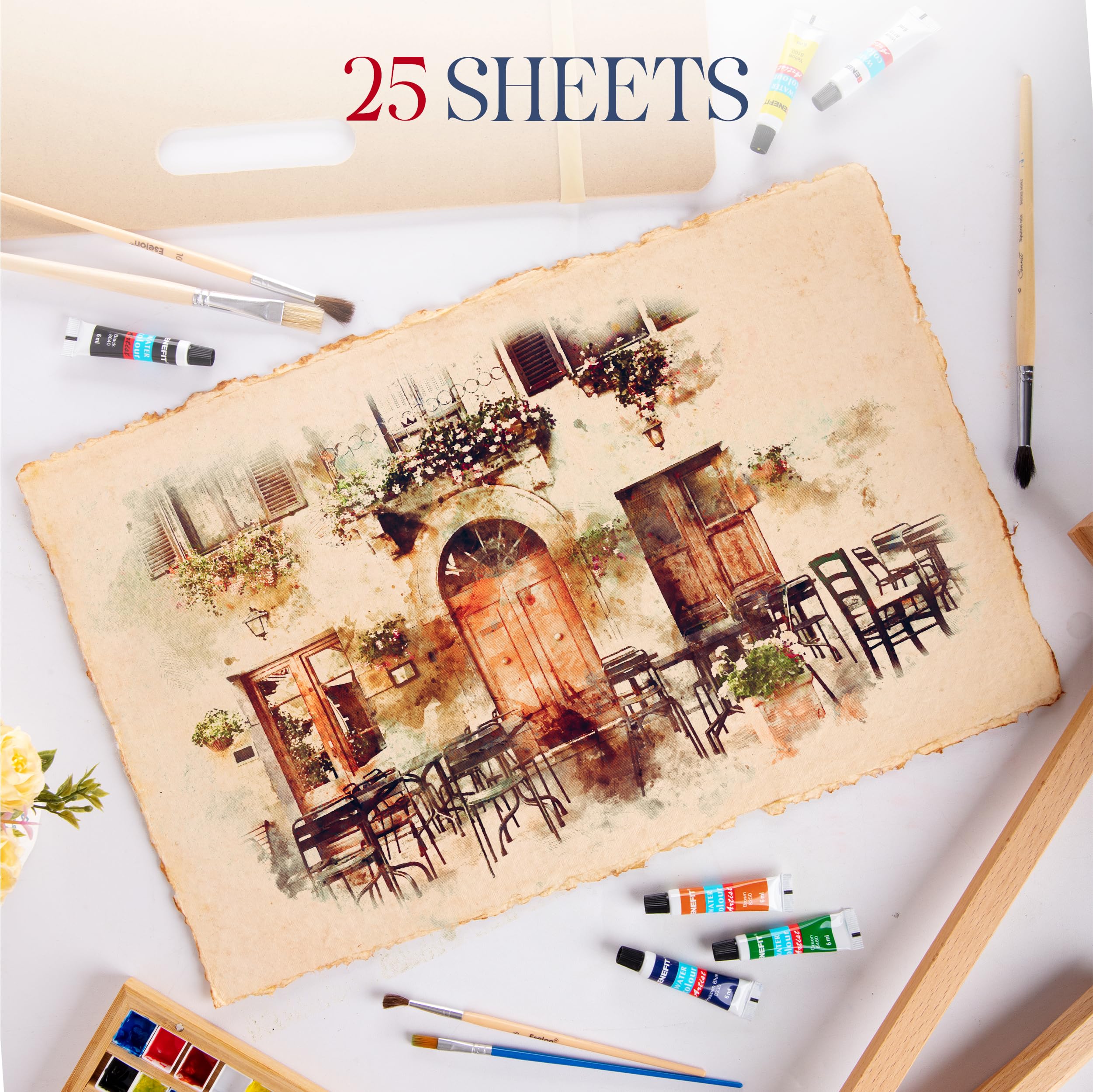 Wanderings Dickes, Handgefertigtes Vintage-Aquarellpapier mit Büttenrand, 28x43cm – 300 GSM – Hochwertiges, Kaltgepresstes, Strukturiertes Papier Antik-Look Recycelter Baumwolle – 25 Lose Blattblätter