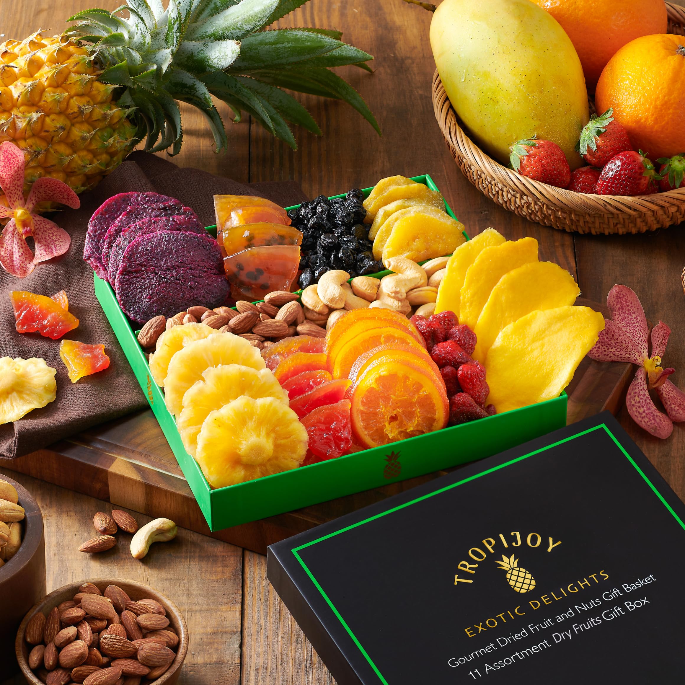 Cesti regalo di frutta secca da donna – 11 assortimento tropicale gourmet – Rosh Hashanah Gifts | Cesto di frutta secca morbida regalo da 590 ml – Regali Diwali per amici – Cesti di frutta per donne e