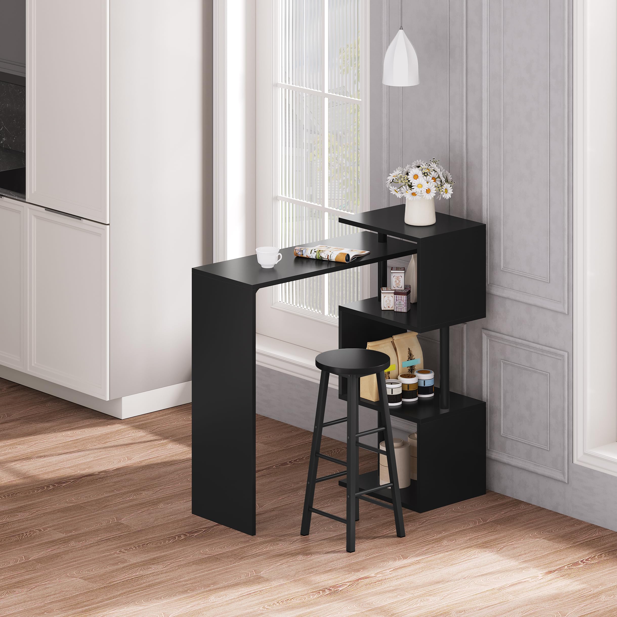 WOLTU Bartisch Stehtisch Bistrotisch Bartheke Tresentisch, mit 3 Ablagefläche, drehbar, Metall, MDF, 134x112x38cm(BxHxT), Schwarz